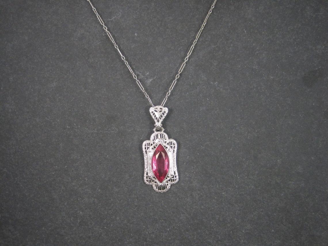 Art Deco Style 14K Filigree Pendant Simulated Pink Sapphire Necklace In Excellent Condition For Sale In Webster, SD