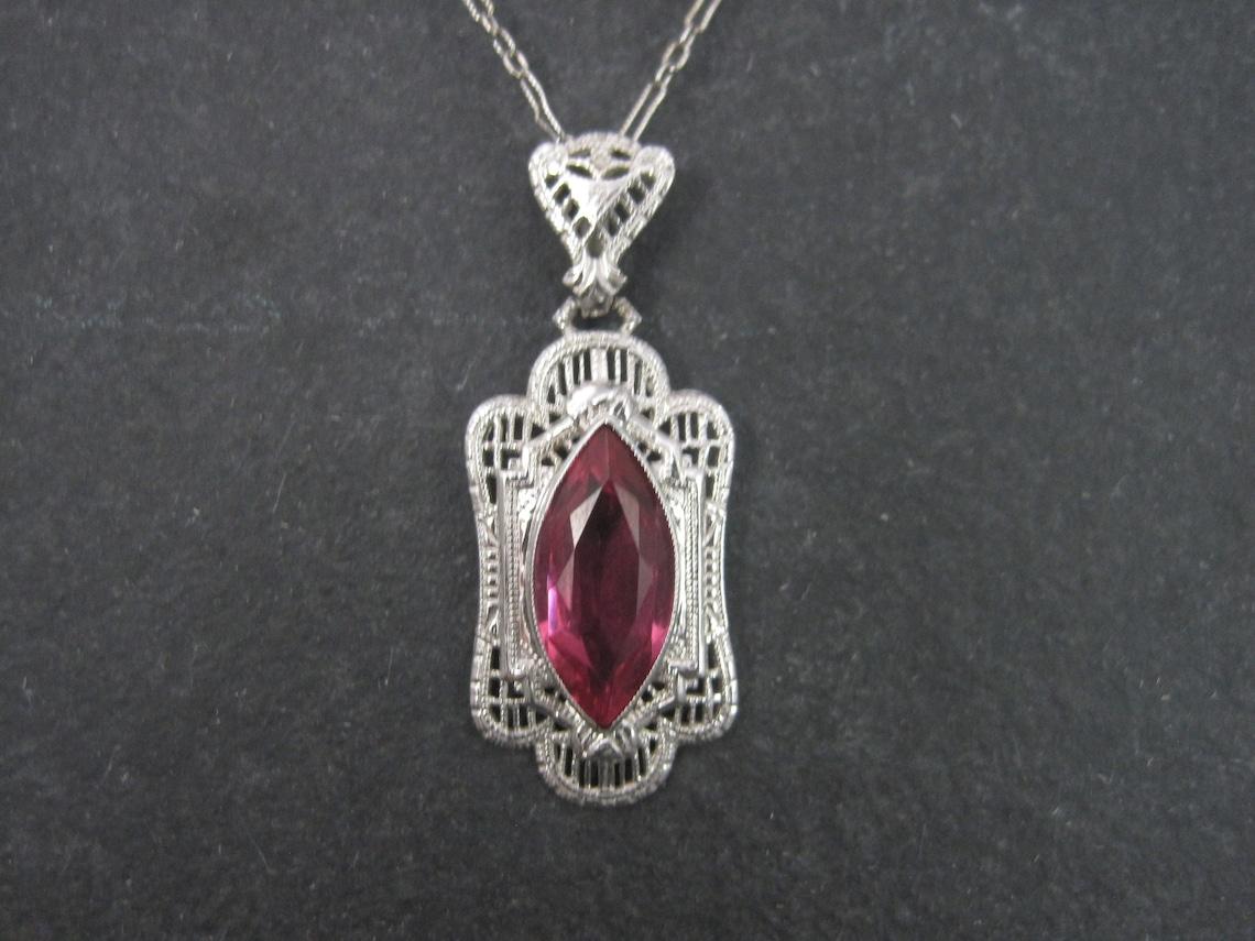 Women's Art Deco Style 14K Filigree Pendant Simulated Pink Sapphire Necklace For Sale