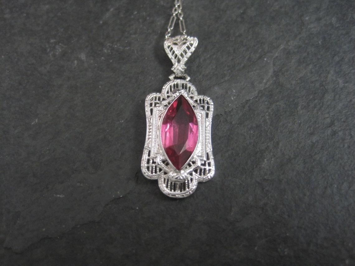 Art Deco Style 14K Filigree Pendant Simulated Pink Sapphire Necklace For Sale 1