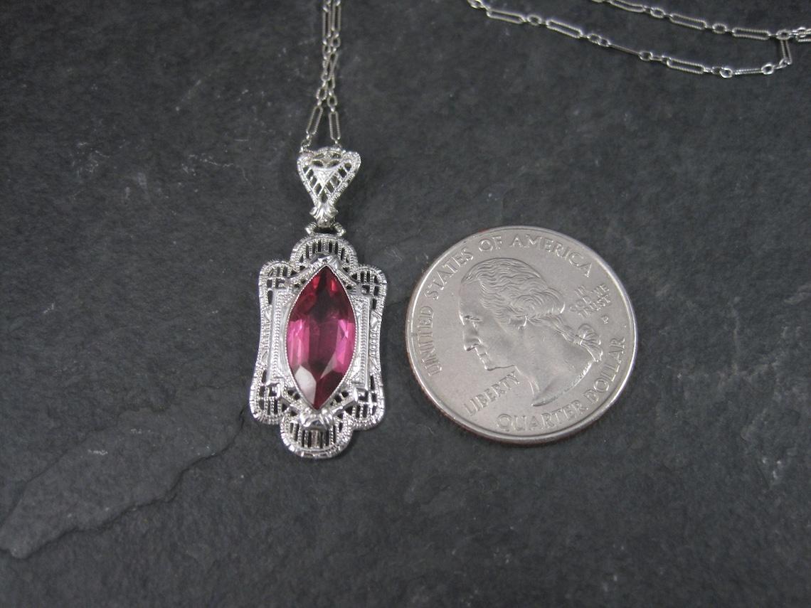 Art Deco Style 14K Filigree Pendant Simulated Pink Sapphire Necklace For Sale 4