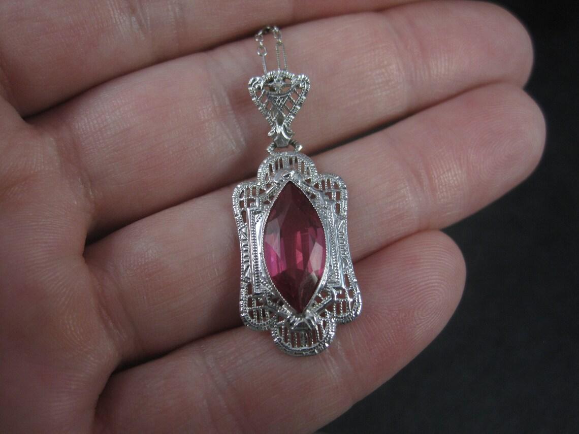 Art Deco Style 14K Filigree Pendant Simulated Pink Sapphire Necklace For Sale 5