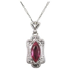 Art Deco Style 14K Filigree Pendant Simulated Pink Sapphire Necklace