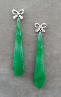 Art Deco Style 14k Gold and Diamonds Bows Engraved Jade Drops Dangle Earrings