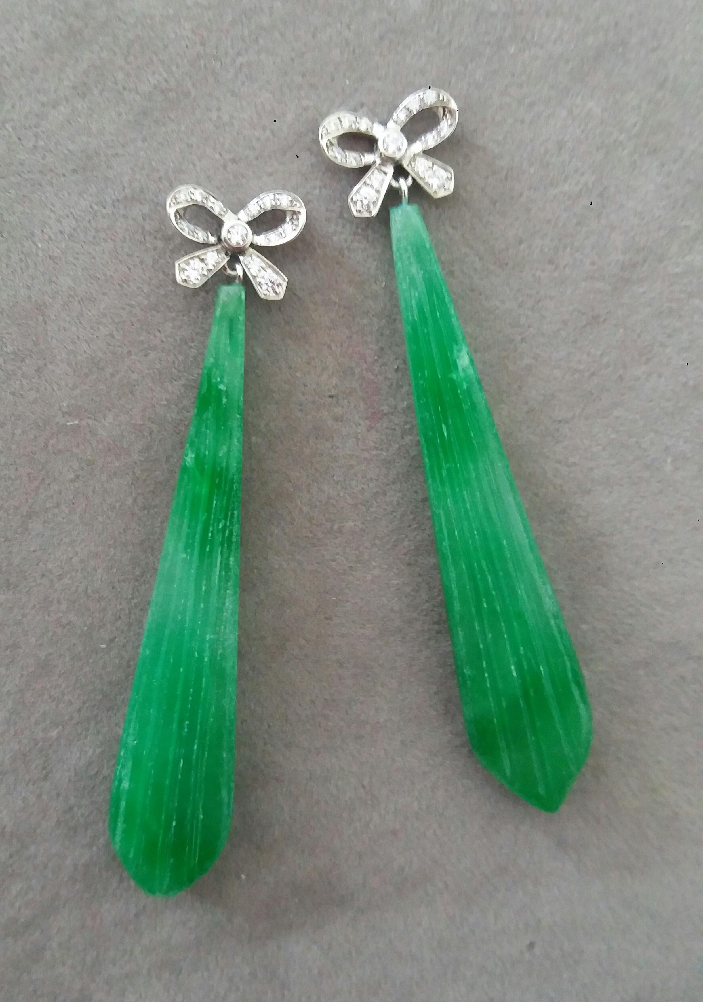 Mixed Cut Art Deco Style 14k Gold and Diamonds Bows Engraved Jade Drops Dangle Earrings For Sale