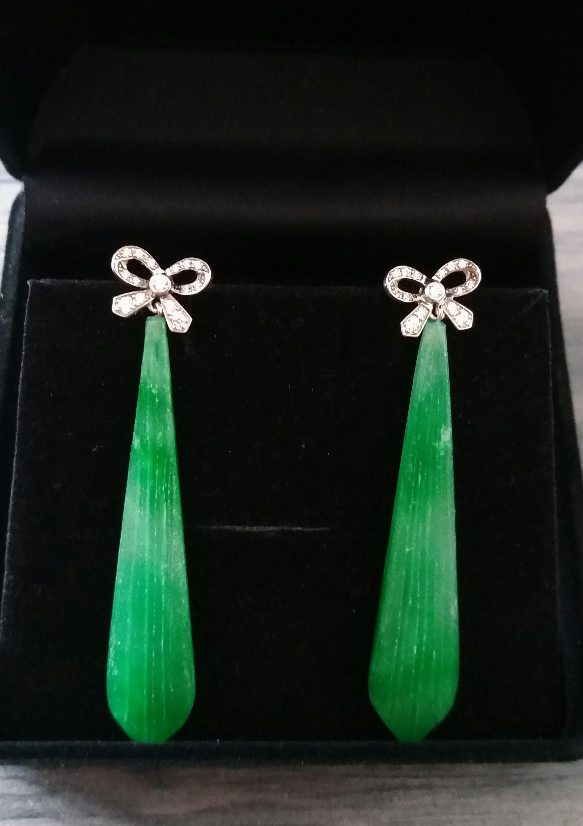 Art Deco Style 14k Gold and Diamonds Bows Engraved Jade Drops Dangle Earrings For Sale 1