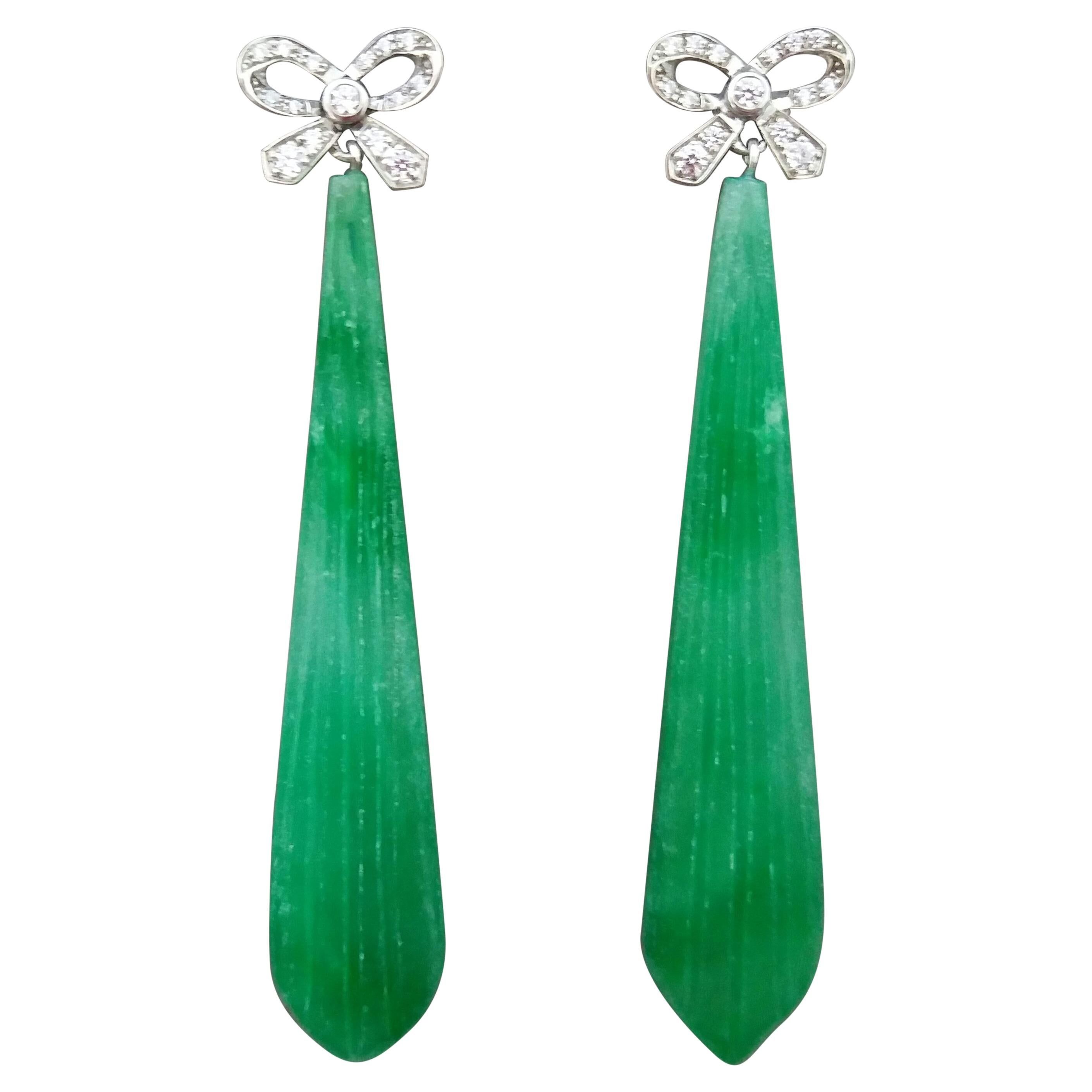 Art Deco Style 14k Gold and Diamonds Bows Engraved Jade Drops Dangle Earrings For Sale