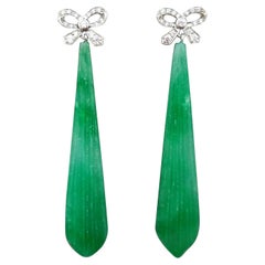 Art Deco Style 14k Gold and Diamonds Bows Engraved Jade Drops Dangle Earrings