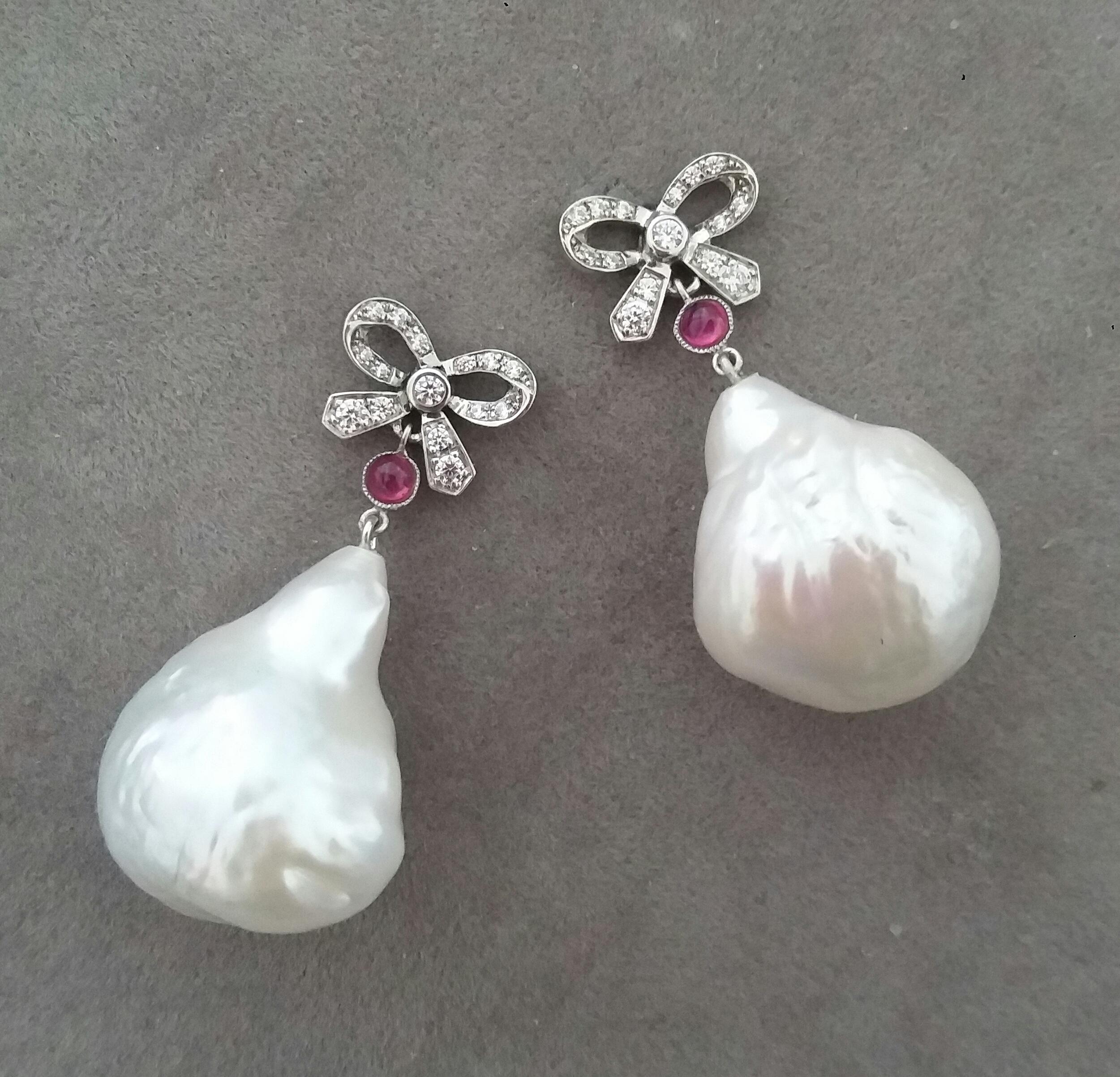 Art Deco Style 14k Gold And Diamonds Bows Rubies Baroque Pearls Dangle Earrings In Good Condition For Sale In Bangkok, TH