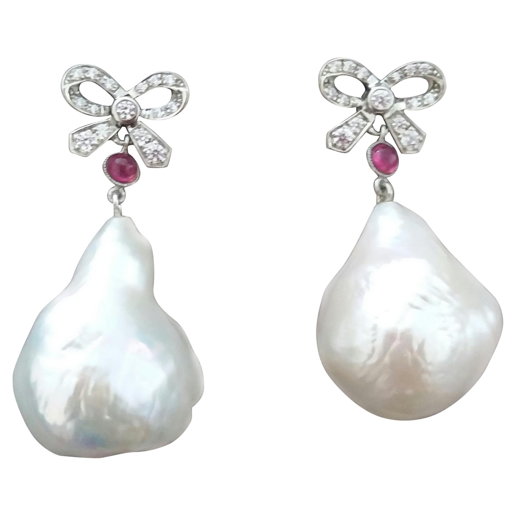 Art Deco Style 14k Gold And Diamonds Bows Rubies Baroque Pearls Dangle Earrings For Sale