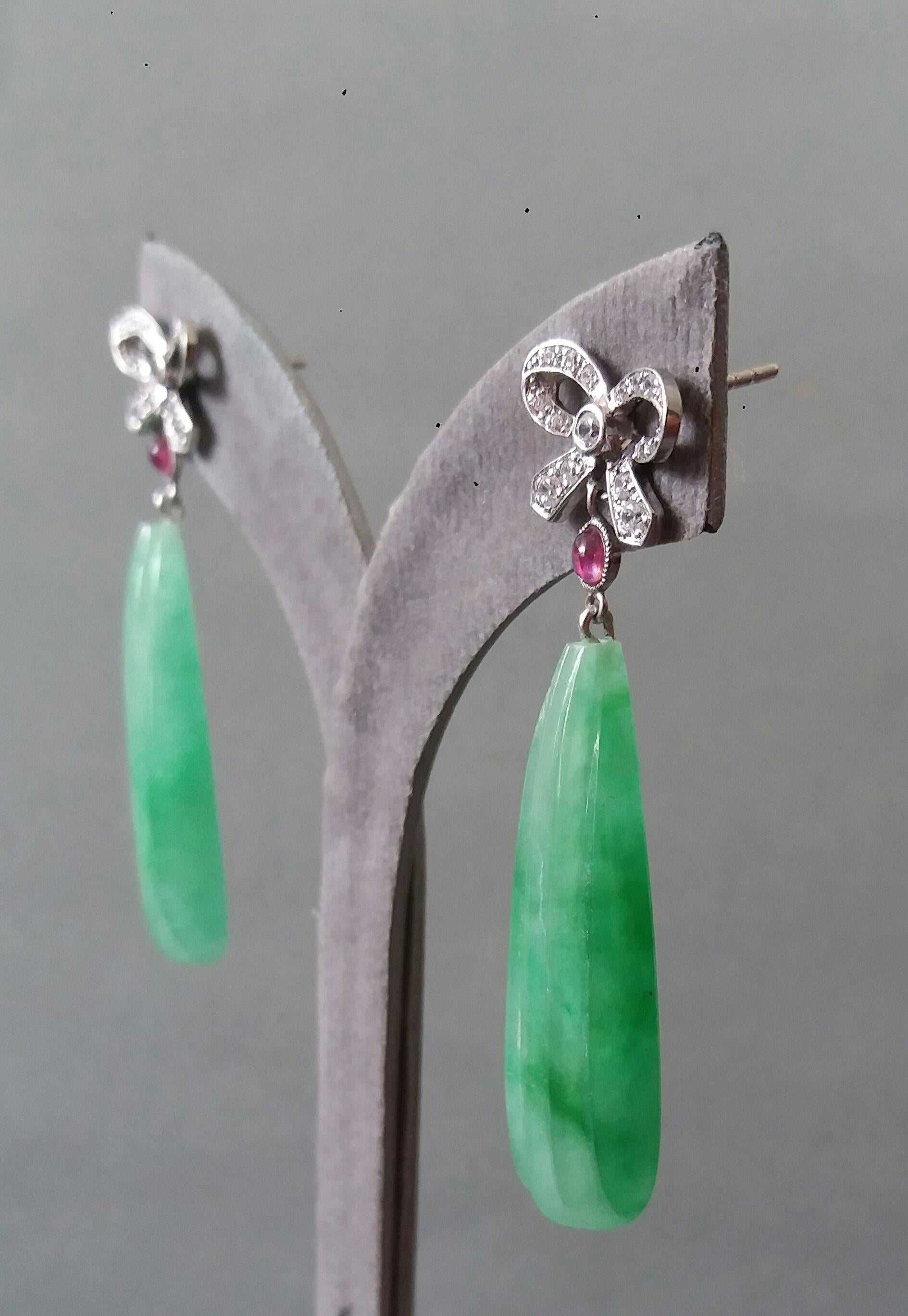 Art Deco Style 14k Gold And Diamonds Bows Rubies Carved Jade Dangle Earrings For Sale 5