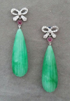 Art Deco Style 14k Gold And Diamonds Bows Rubies Carved Jade Dangle Earrings