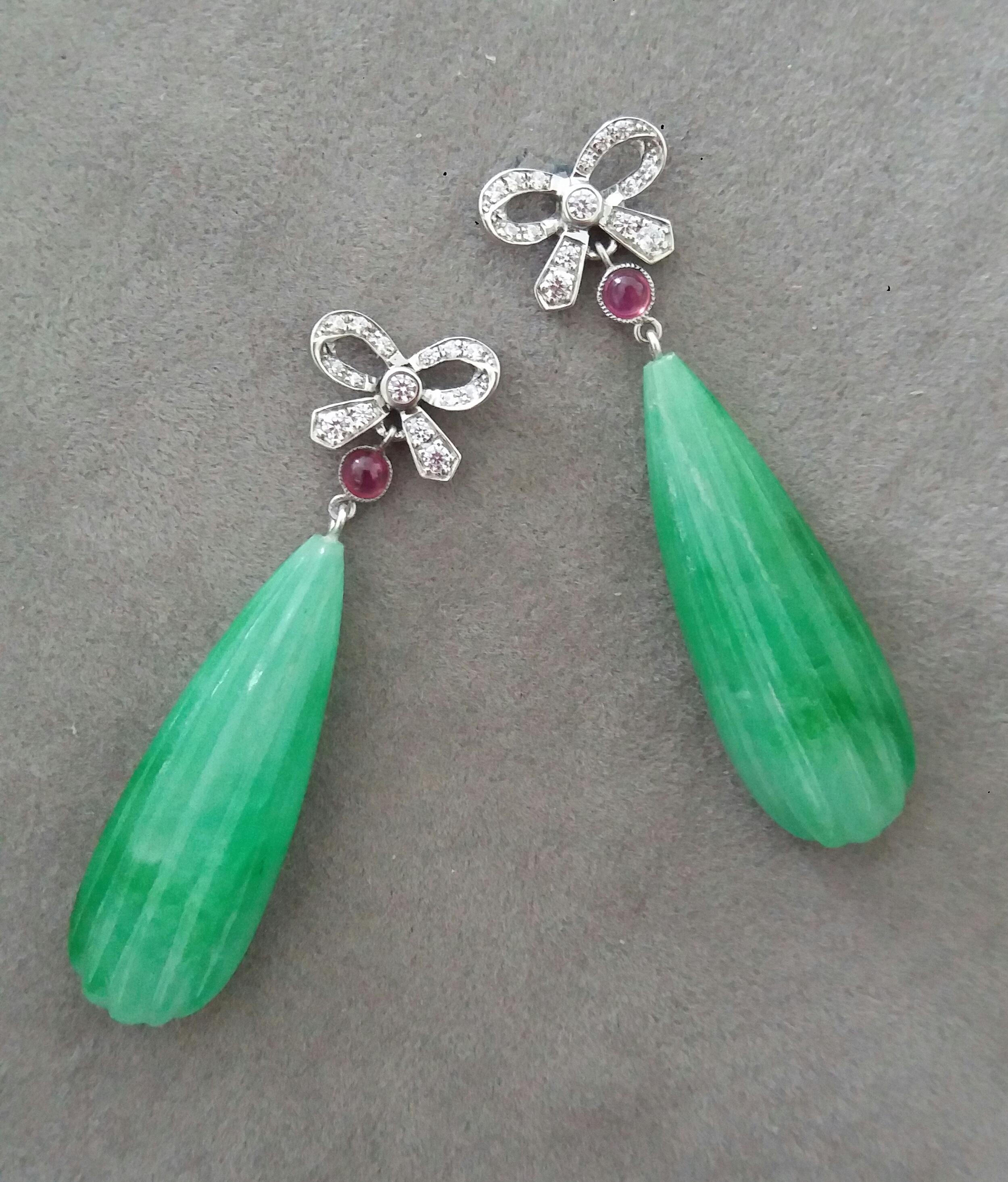 Mixed Cut Art Deco Style 14k Gold And Diamonds Bows Rubies Carved Jade Dangle Earrings For Sale