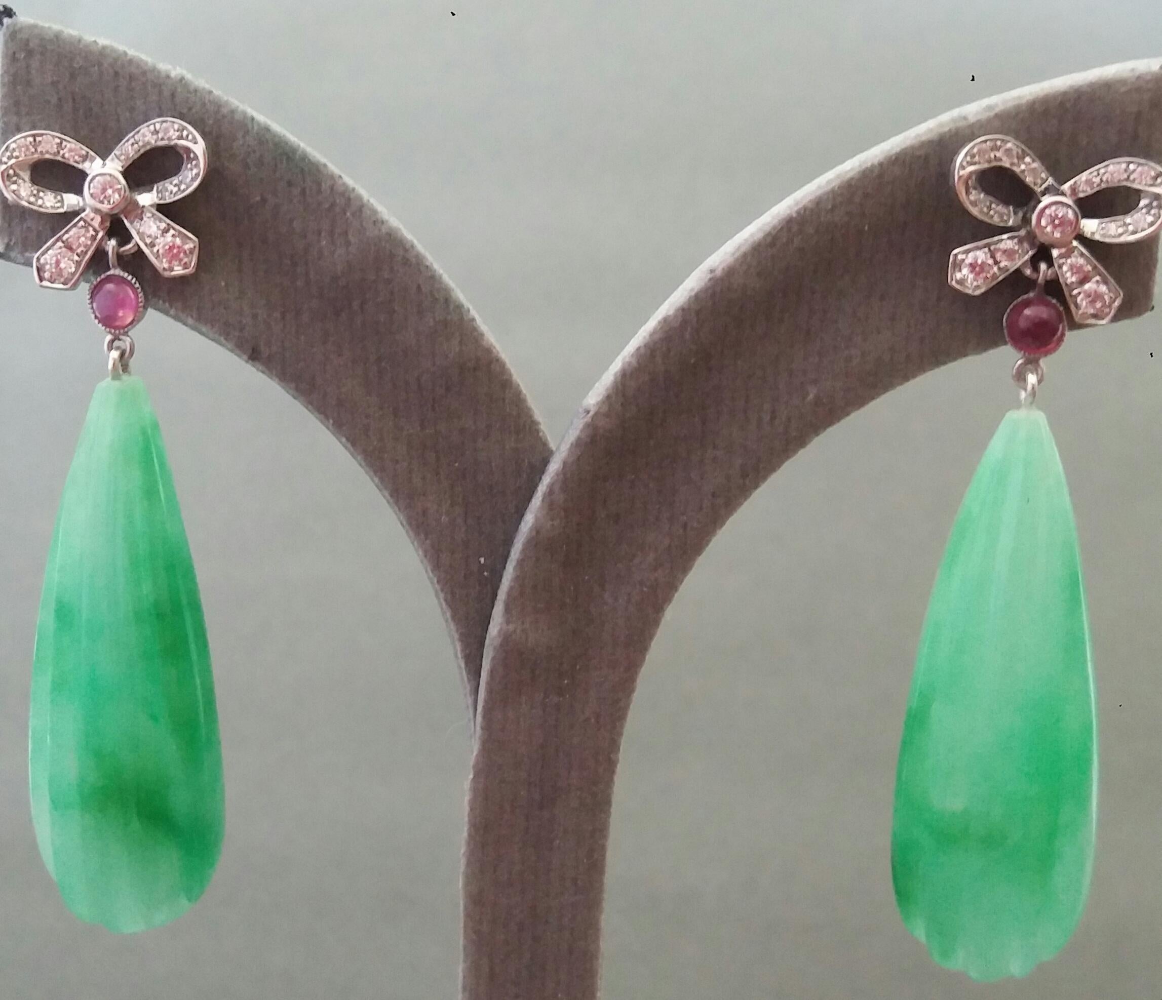 Art Deco Style 14k Gold And Diamonds Bows Rubies Carved Jade Dangle Earrings 3