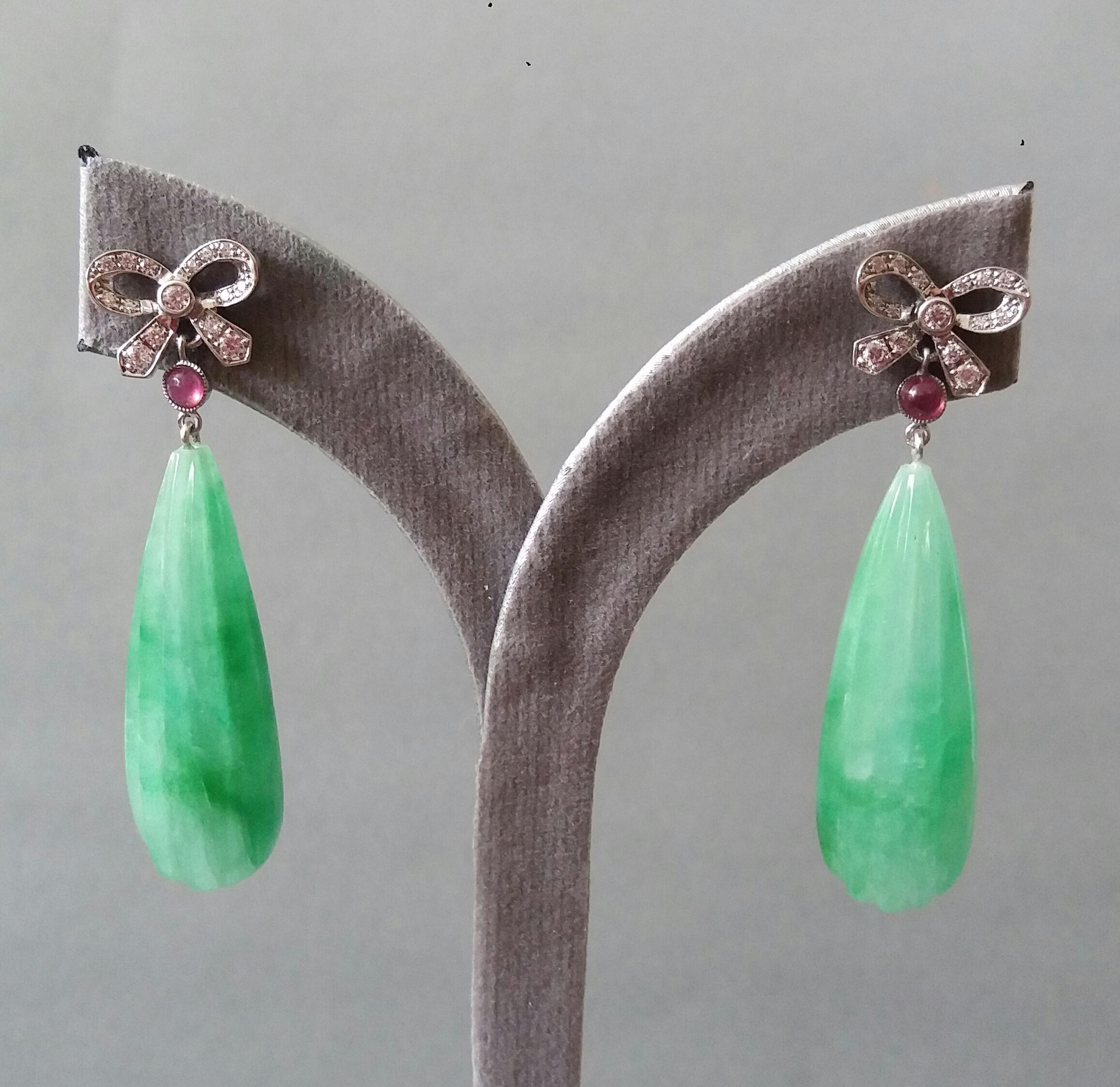 Art Deco Style 14k Gold And Diamonds Bows Rubies Carved Jade Dangle Earrings 4