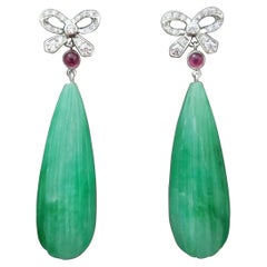 Art Deco Style 14k Gold And Diamonds Bows Rubies Carved Jade Dangle Earrings