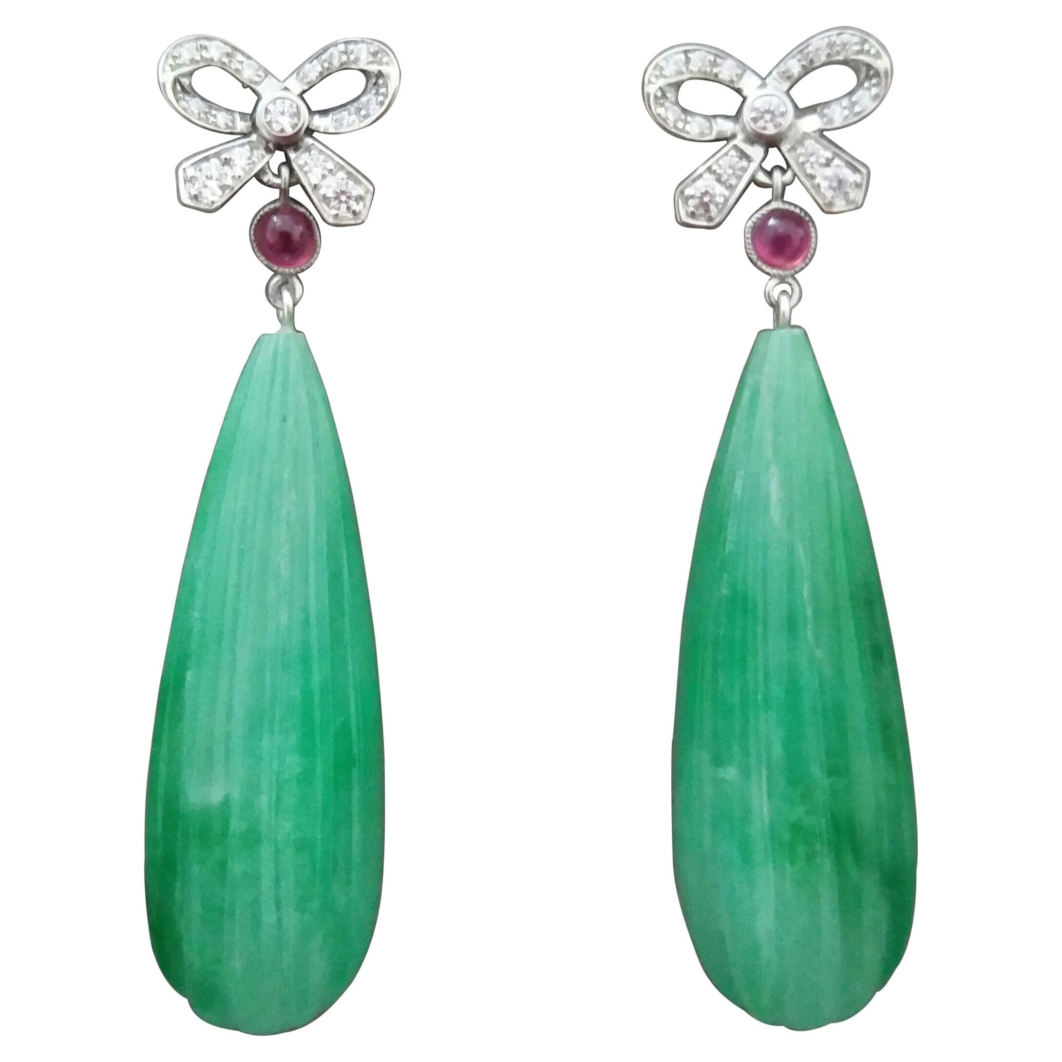 Art Deco Style 14k Gold And Diamonds Bows Rubies Carved Jade Dangle Earrings