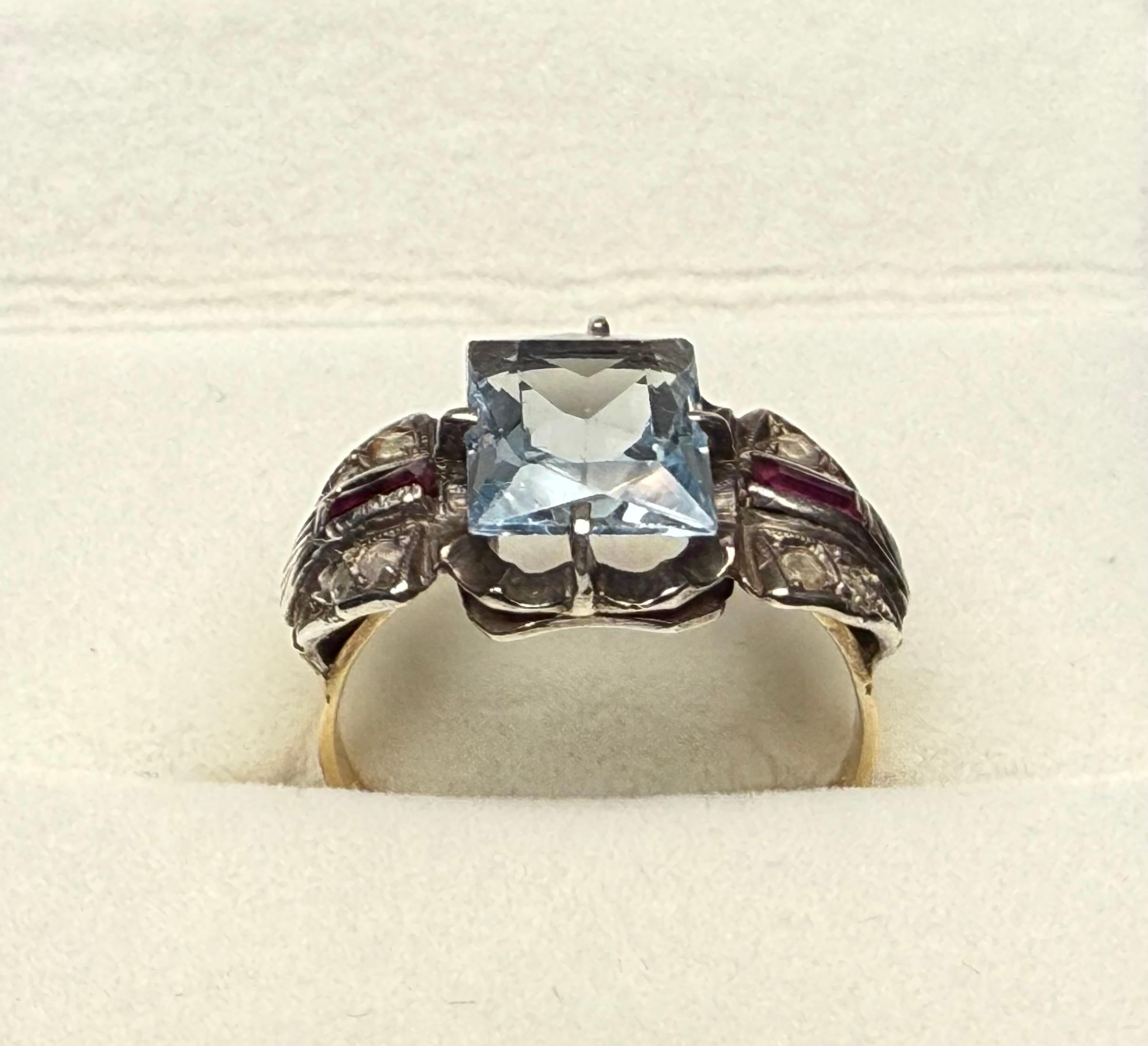 Stile Art Deco  Anello con acquamarina in oro 14k in vendita 4
