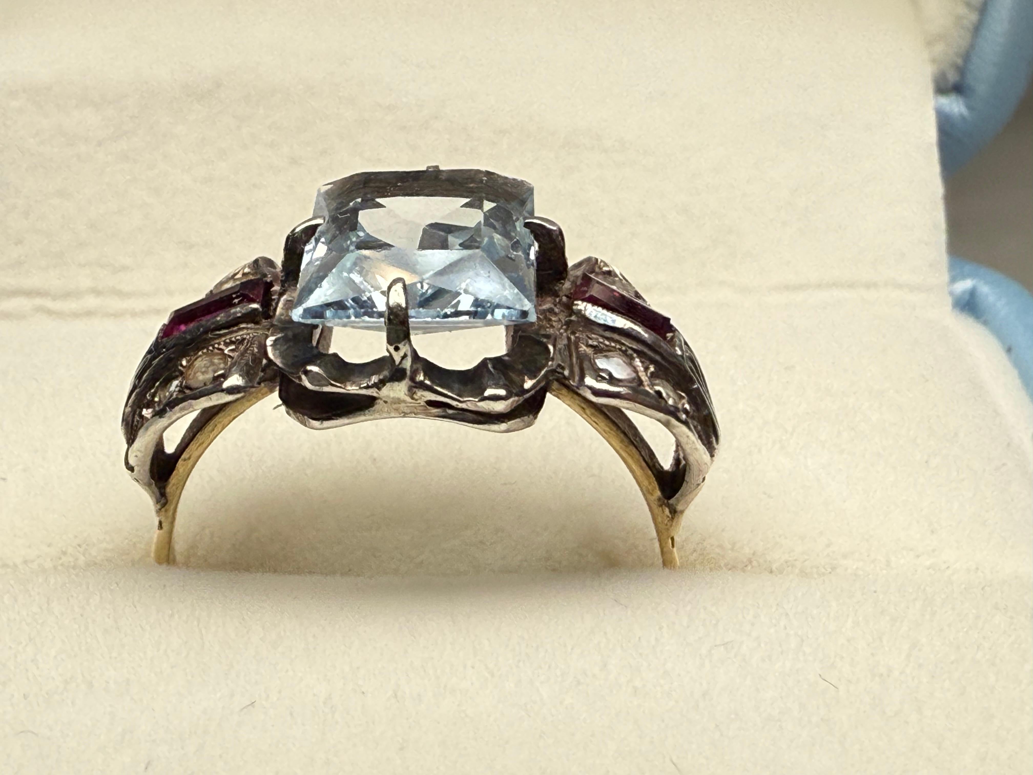Stile Art Deco  Anello con acquamarina in oro 14k in vendita 5