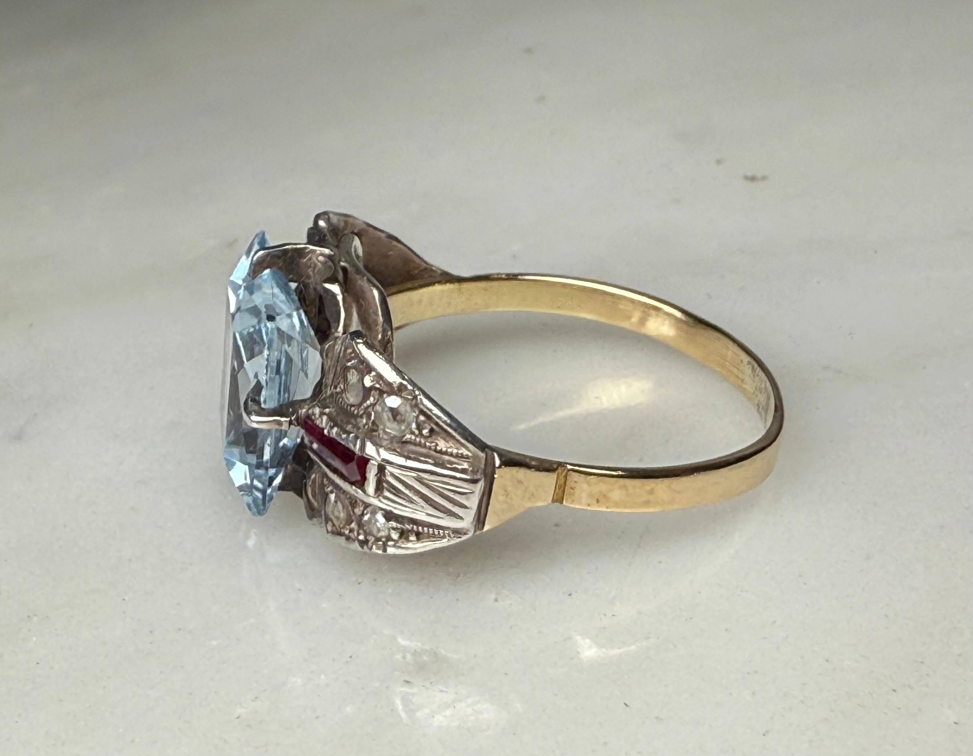 Stile Art Deco  Anello con acquamarina in oro 14k in vendita 10