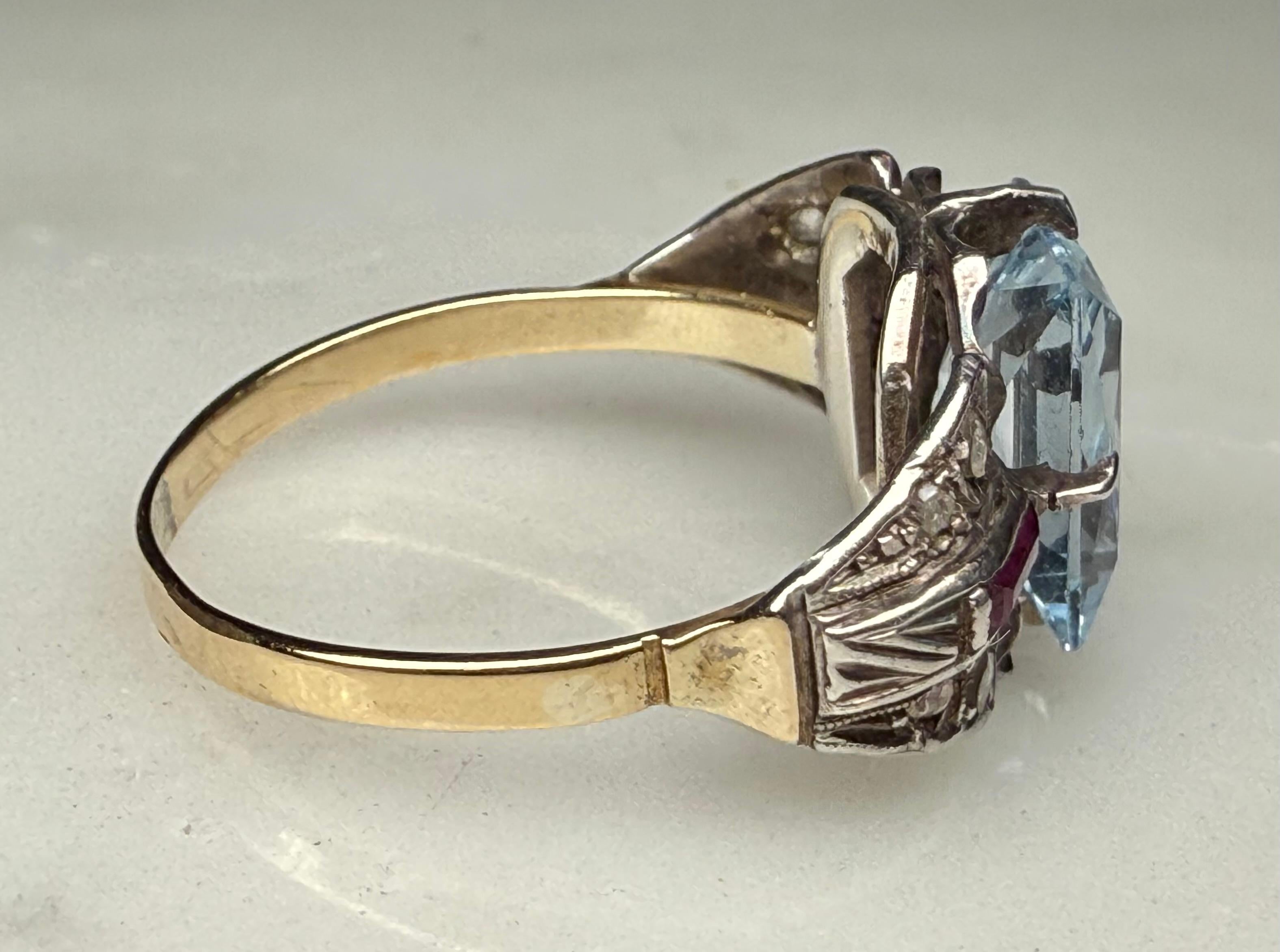 Stile Art Deco  Anello con acquamarina in oro 14k in vendita 11