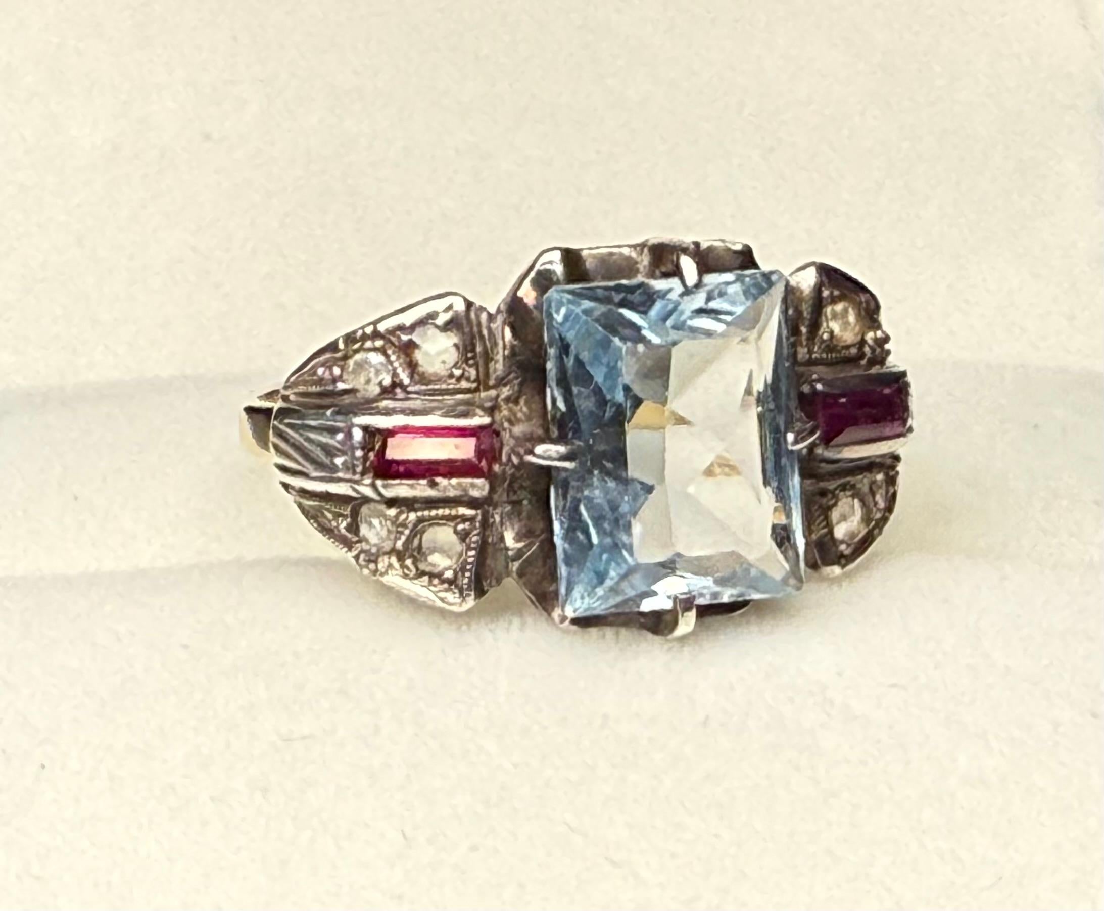 Stile Art Deco  Anello con acquamarina in oro 14k in vendita 3
