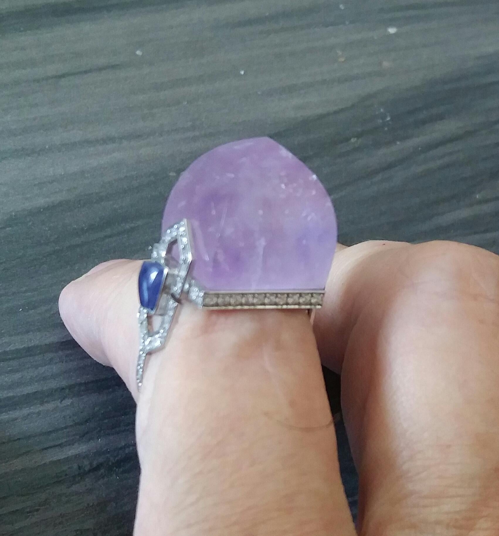 For Sale:  Art Deco Style 14k Gold Diamonds Blue Sapphires Amethyst Pyramid Cocktail Ring 10