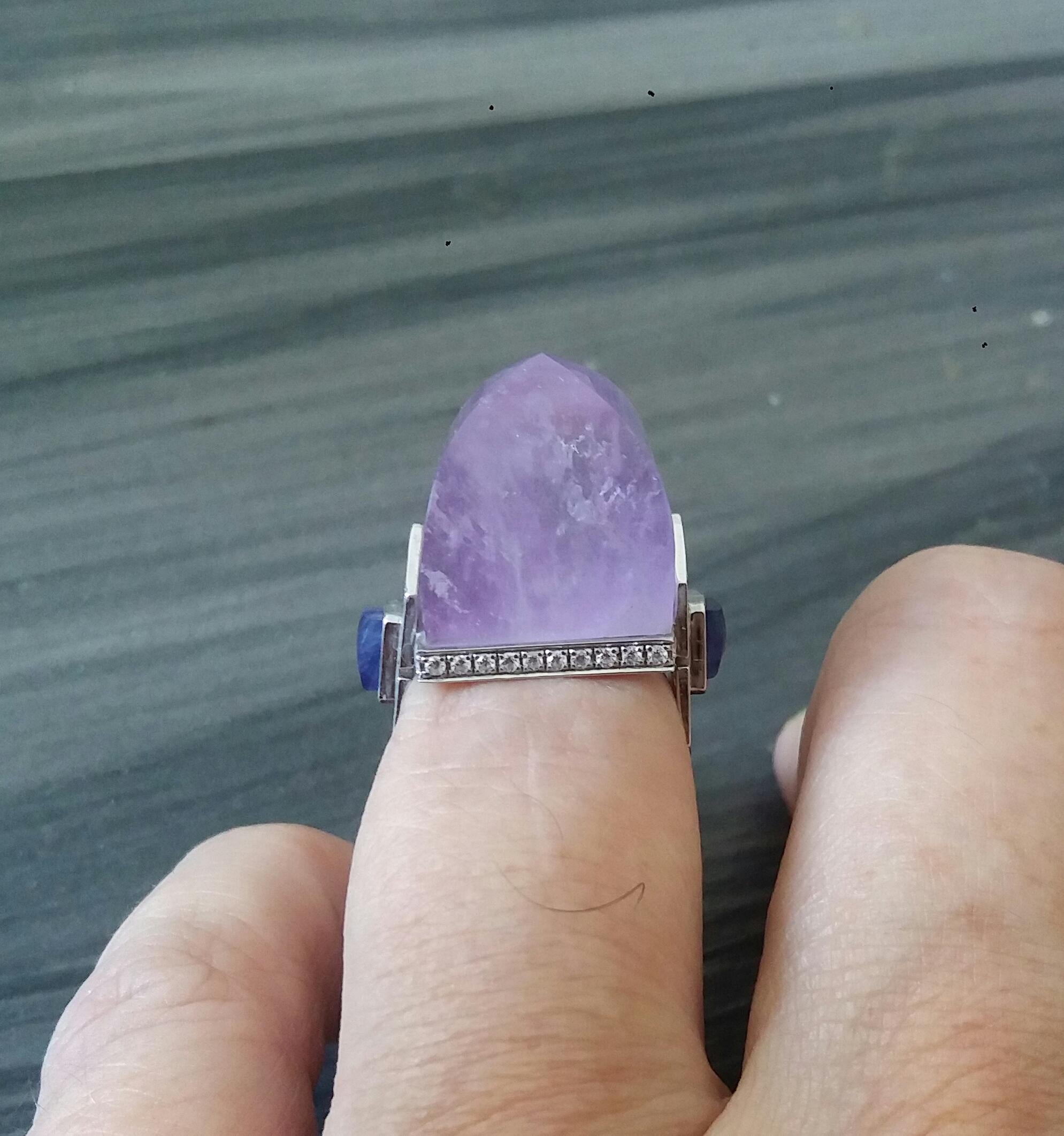 For Sale:  Art Deco Style 14k Gold Diamonds Blue Sapphires Amethyst Pyramid Cocktail Ring 11