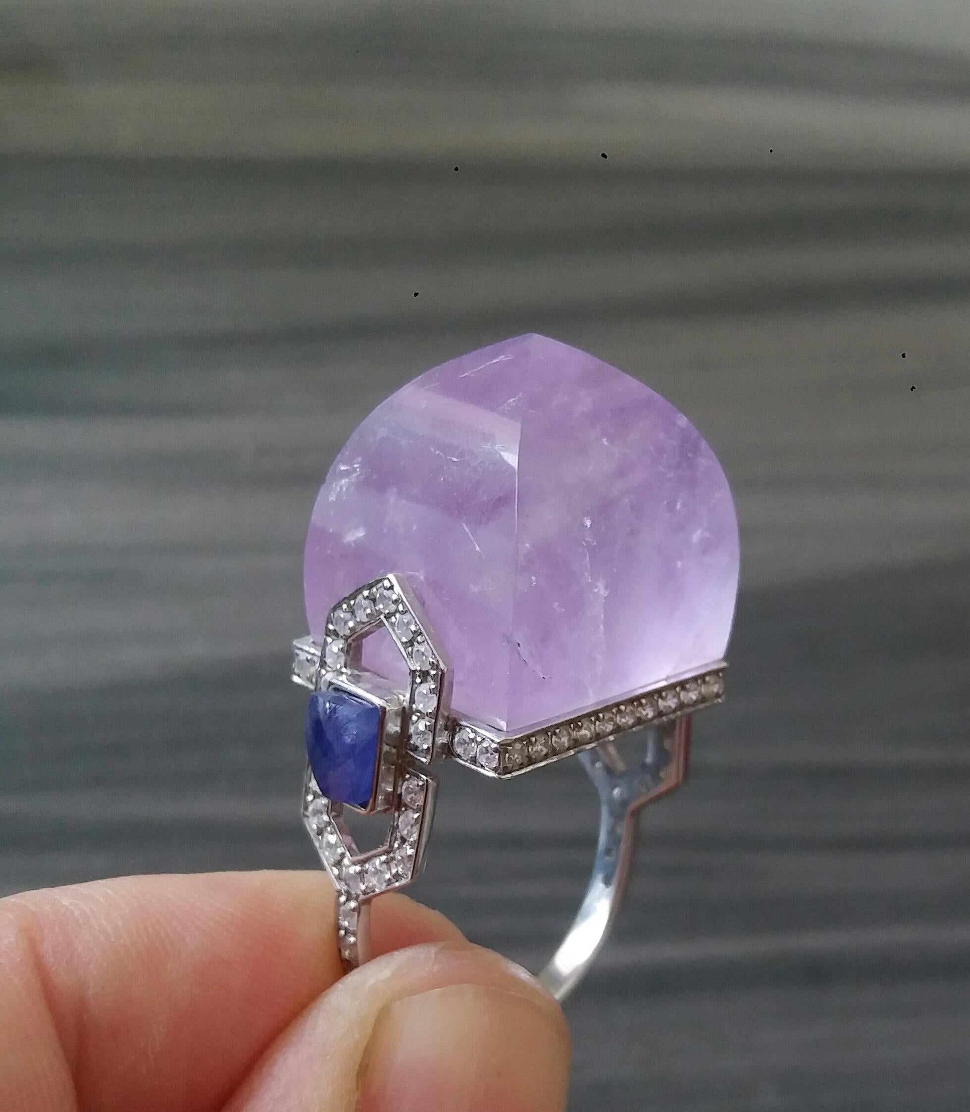 For Sale:  Art Deco Style 14k Gold Diamonds Blue Sapphires Amethyst Pyramid Cocktail Ring 12