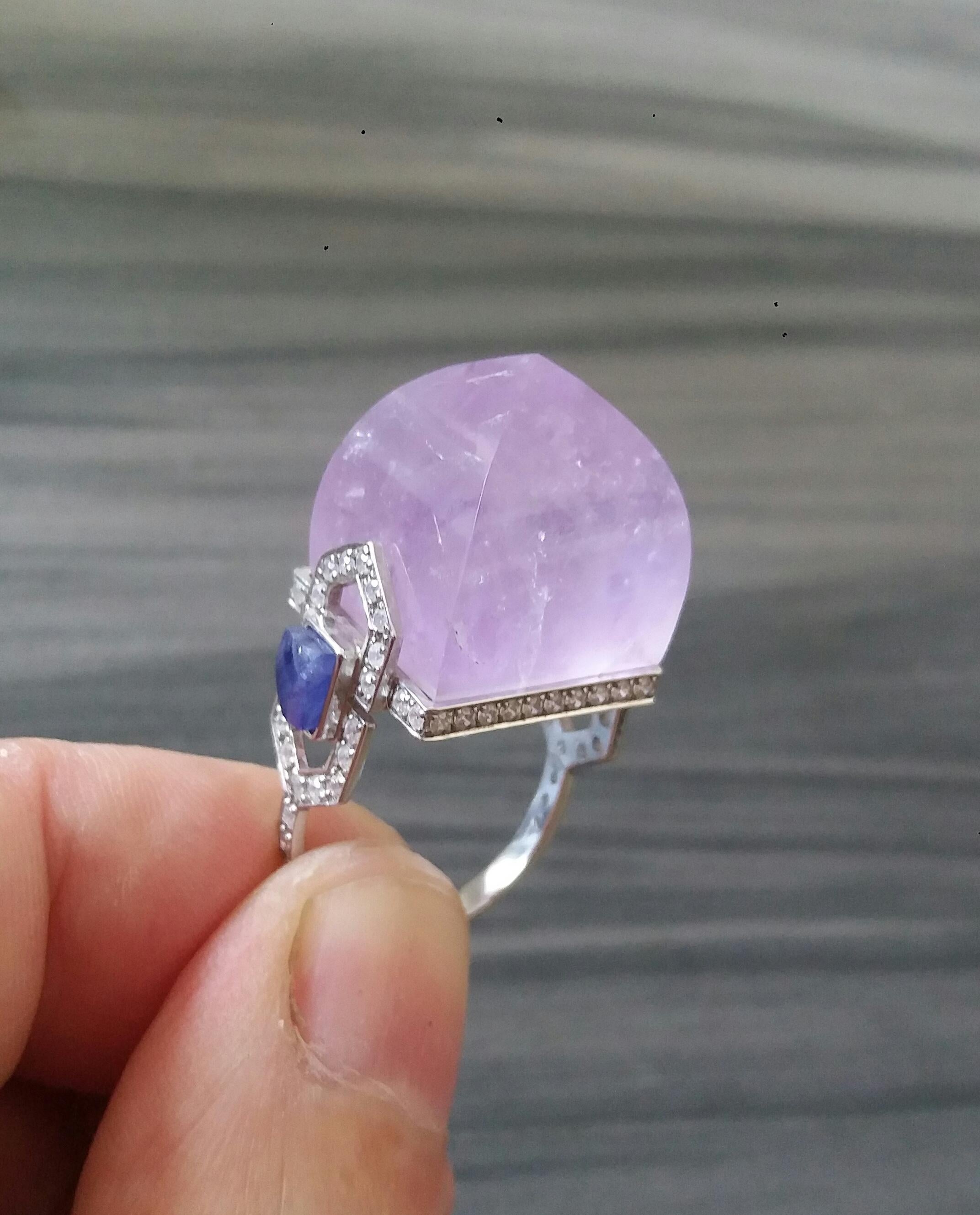 For Sale:  Art Deco Style 14k Gold Diamonds Blue Sapphires Amethyst Pyramid Cocktail Ring 13