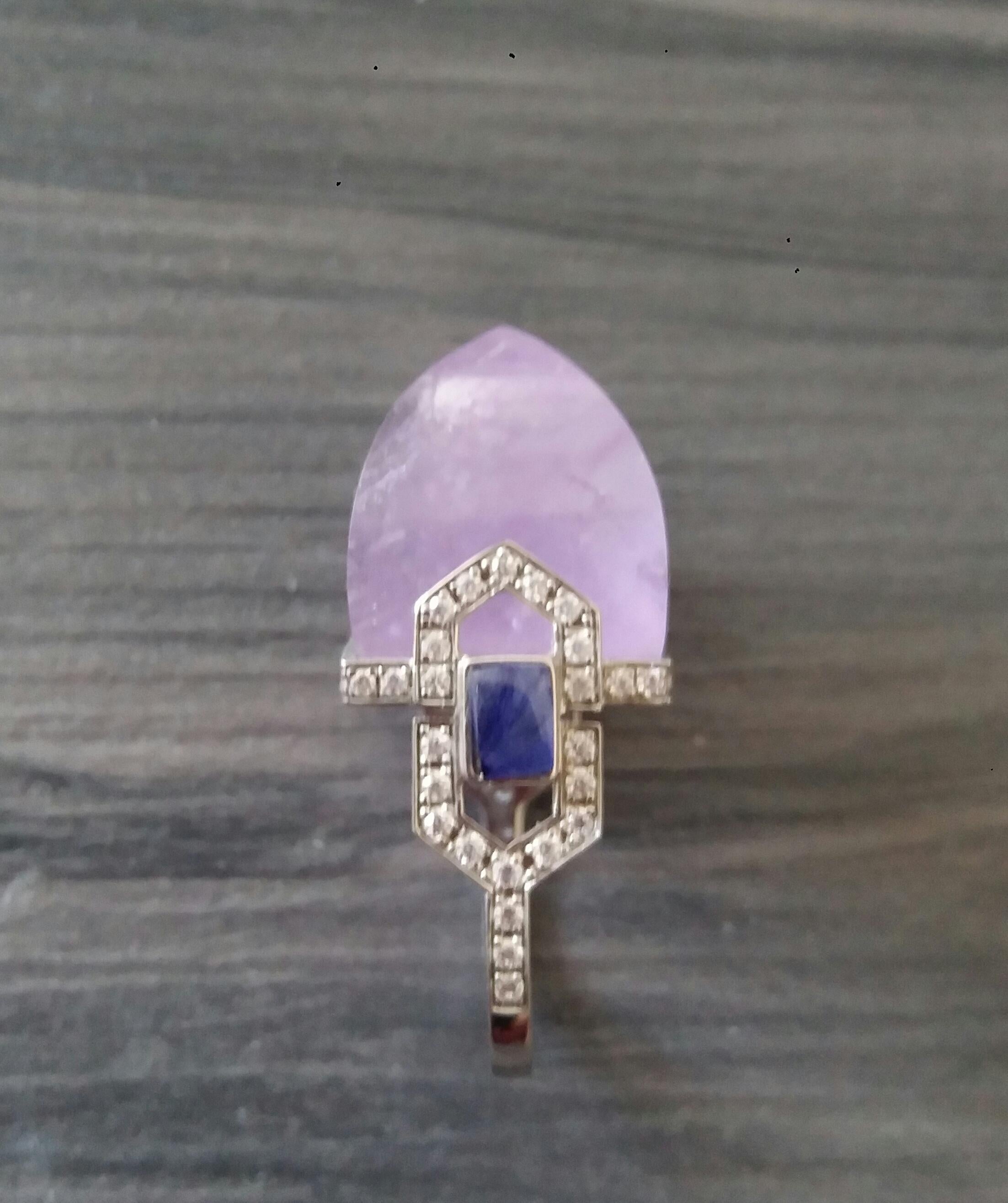 For Sale:  Art Deco Style 14k Gold Diamonds Blue Sapphires Amethyst Pyramid Cocktail Ring 14