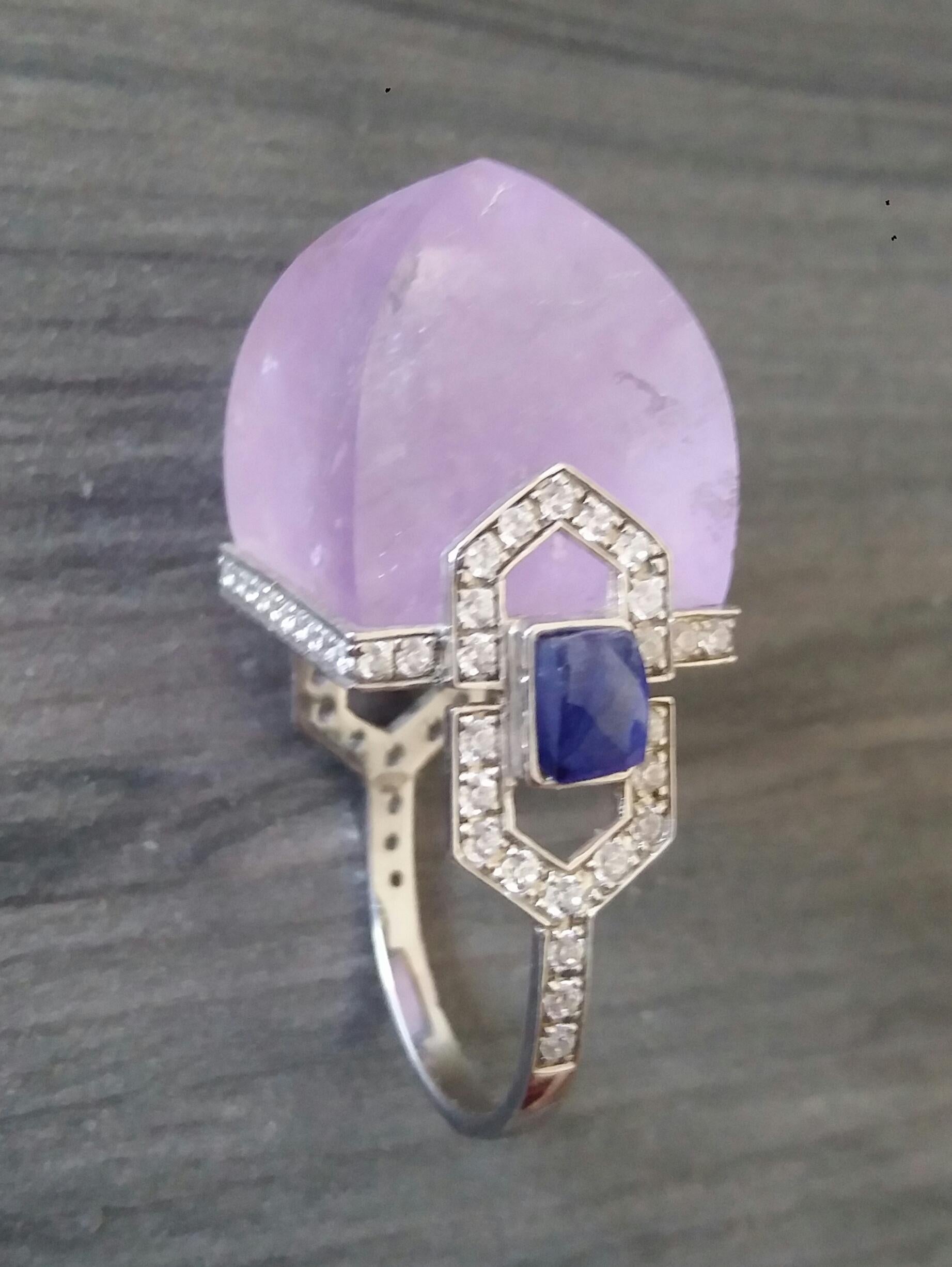 For Sale:  Art Deco Style 14k Gold Diamonds Blue Sapphires Amethyst Pyramid Cocktail Ring 15