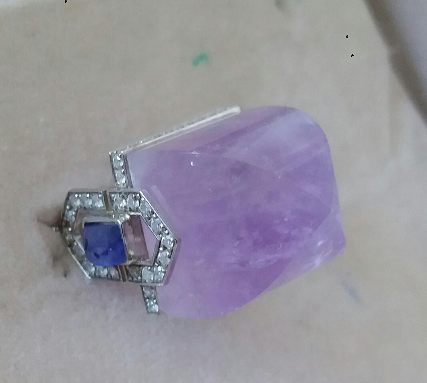 For Sale:  Art Deco Style 14k Gold Diamonds Blue Sapphires Amethyst Pyramid Cocktail Ring 17