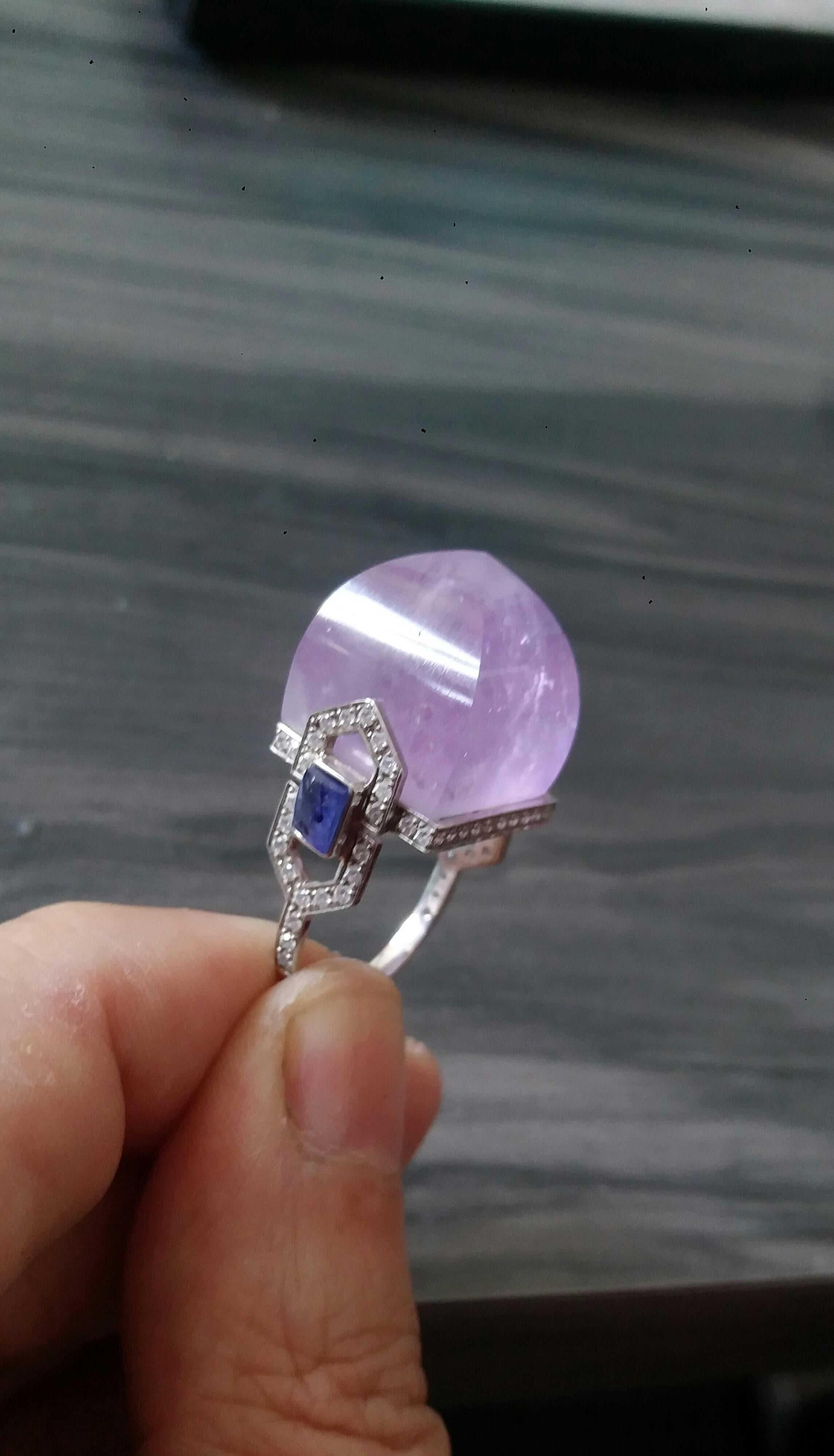 For Sale:  Art Deco Style 14k Gold Diamonds Blue Sapphires Amethyst Pyramid Cocktail Ring 2