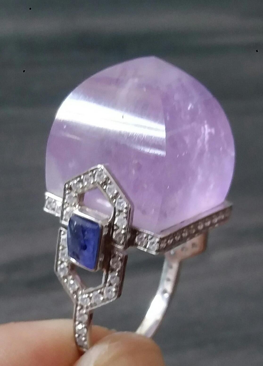 For Sale:  Art Deco Style 14k Gold Diamonds Blue Sapphires Amethyst Pyramid Cocktail Ring 3