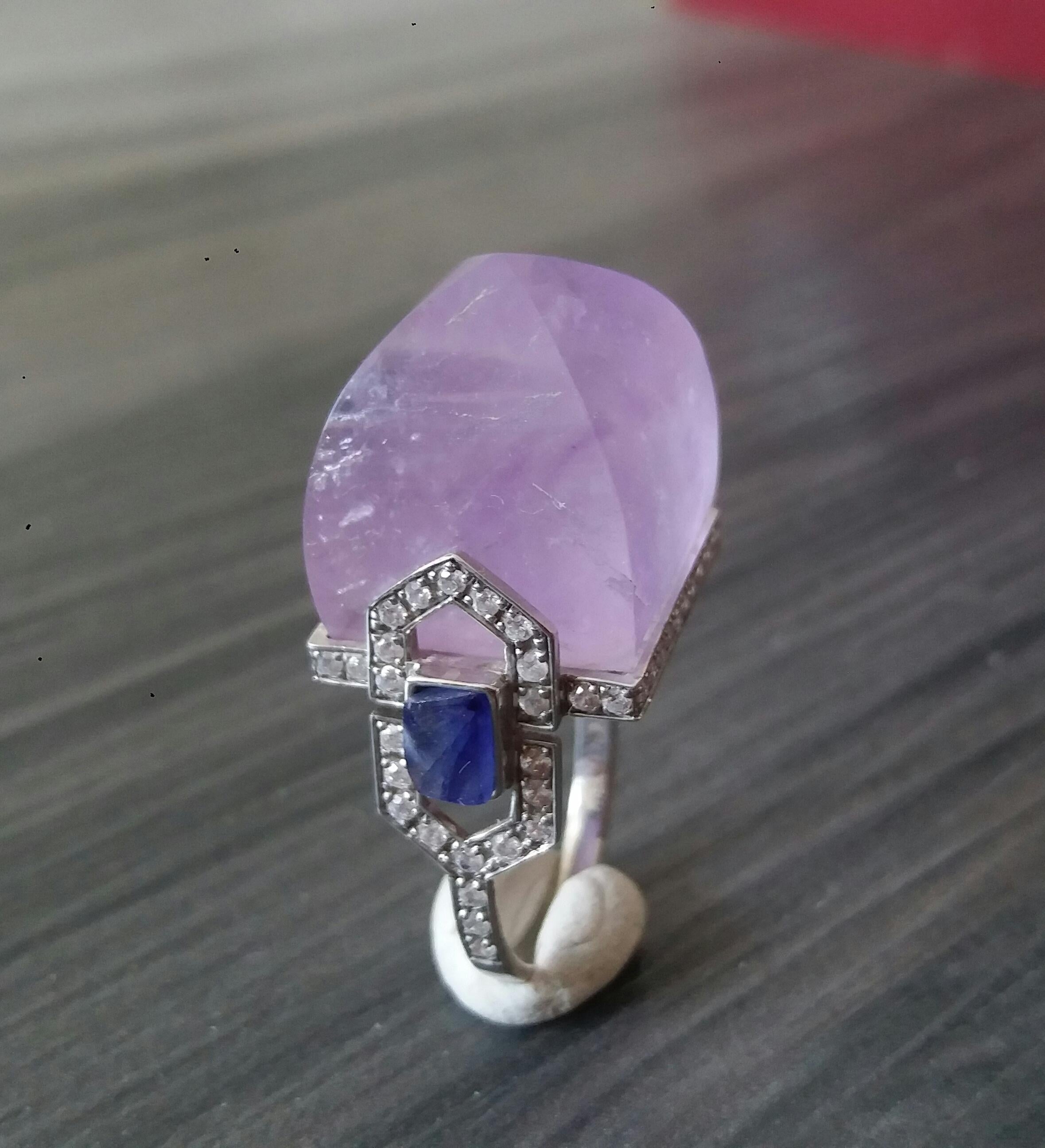 For Sale:  Art Deco Style 14k Gold Diamonds Blue Sapphires Amethyst Pyramid Cocktail Ring 4