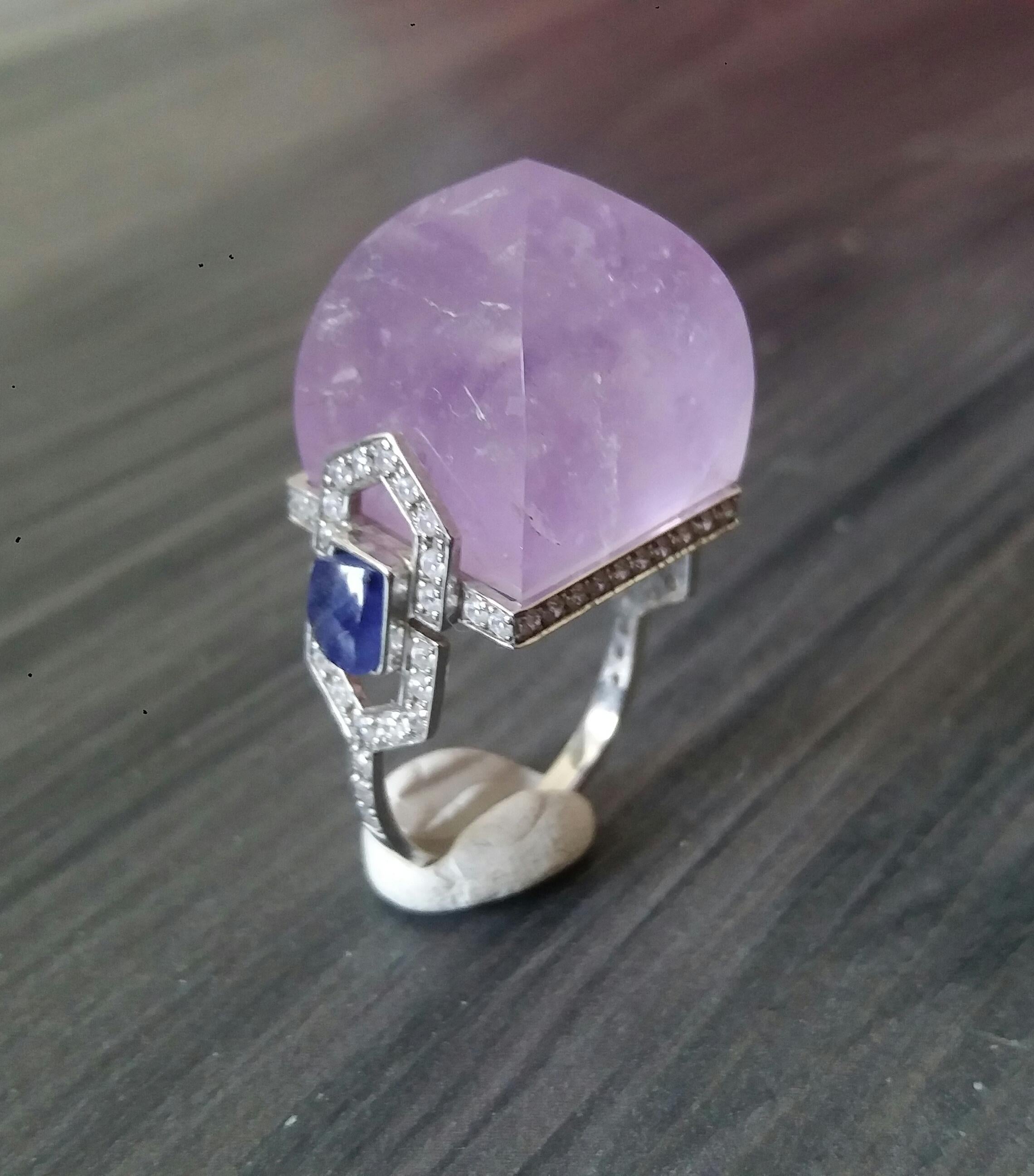 For Sale:  Art Deco Style 14k Gold Diamonds Blue Sapphires Amethyst Pyramid Cocktail Ring 5