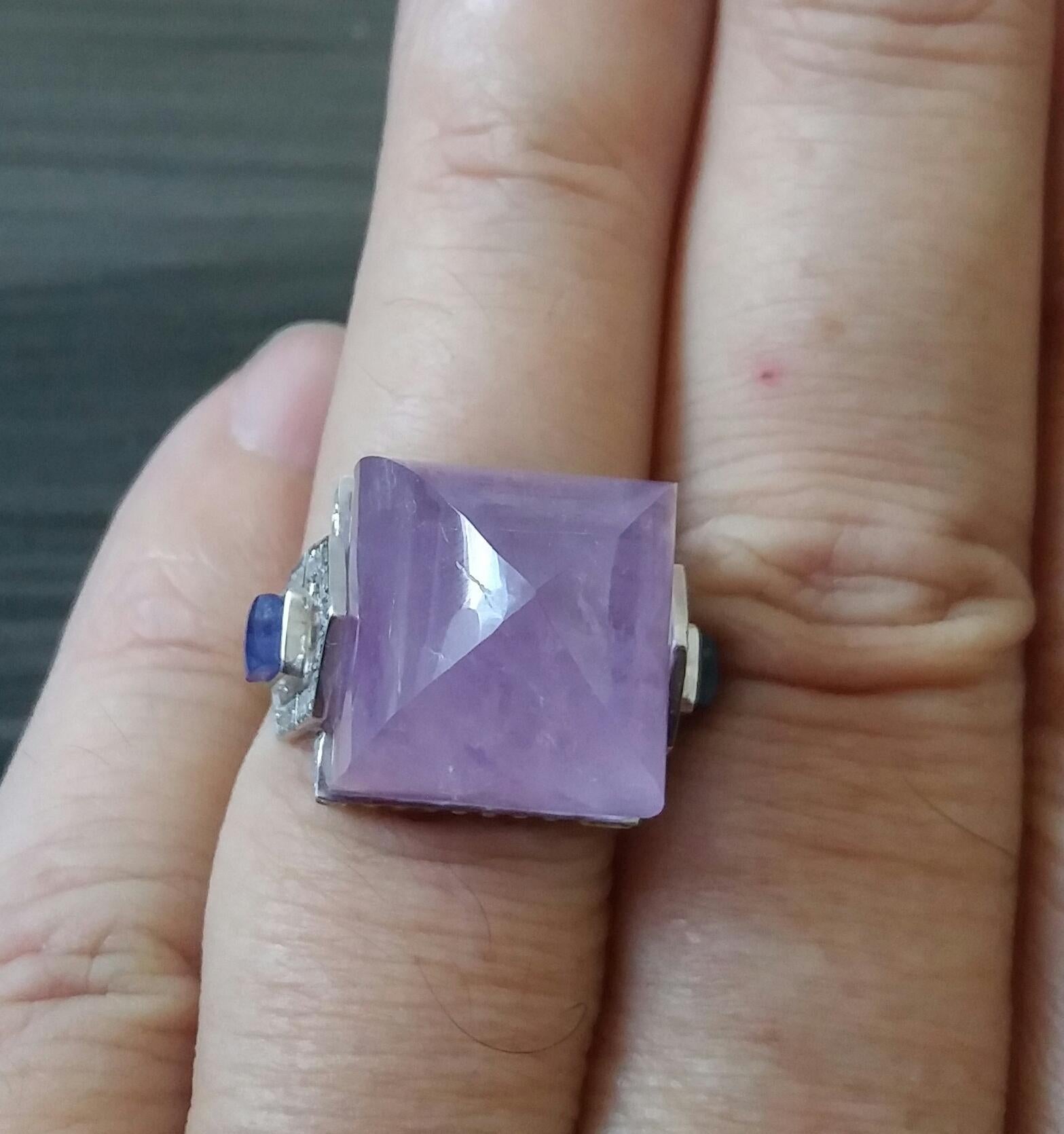 For Sale:  Art Deco Style 14k Gold Diamonds Blue Sapphires Amethyst Pyramid Cocktail Ring 9