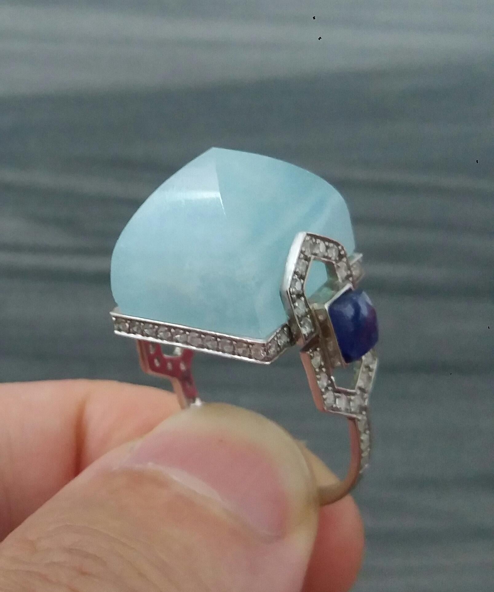 For Sale:  Art Deco Style 14k Gold Diamonds Blue Sapphires Aquamarine Pyramid Cocktail Ring 10