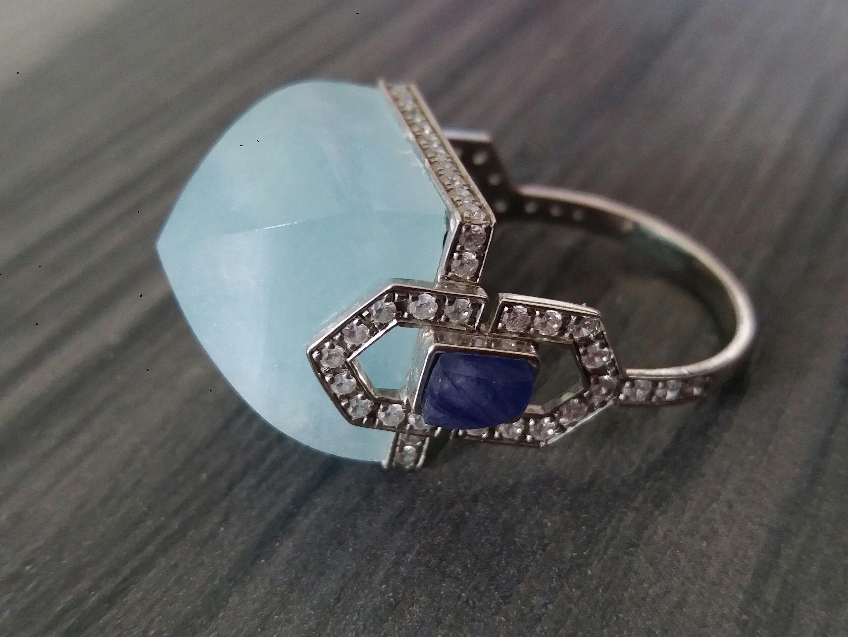 For Sale:  Art Deco Style 14k Gold Diamonds Blue Sapphires Aquamarine Pyramid Cocktail Ring 11