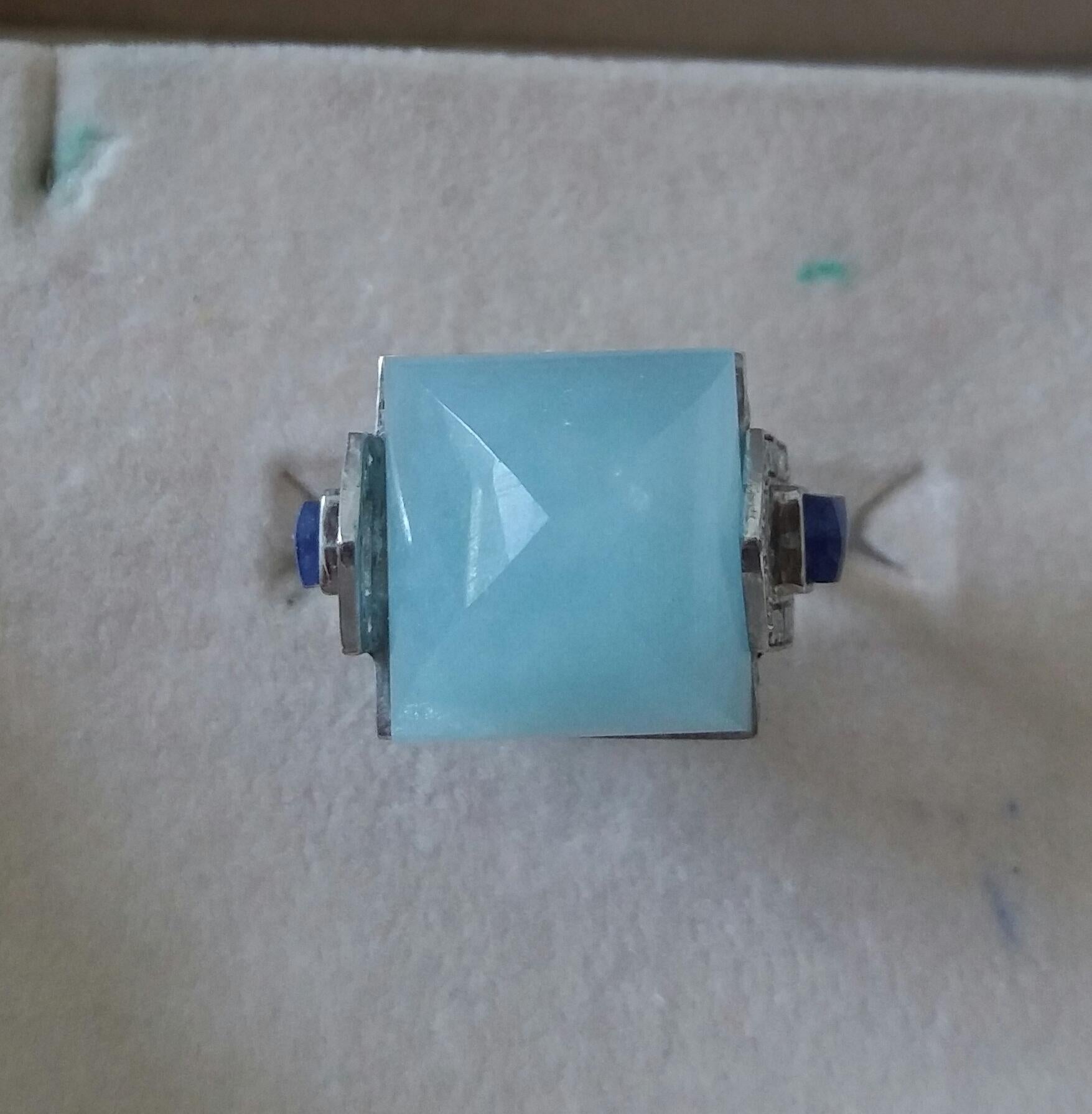 For Sale:  Art Deco Style 14k Gold Diamonds Blue Sapphires Aquamarine Pyramid Cocktail Ring 13