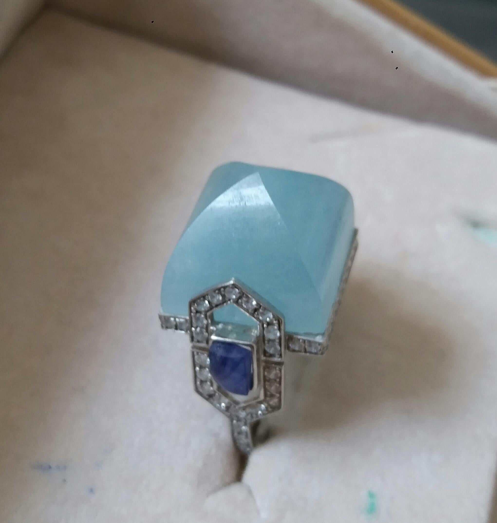 For Sale:  Art Deco Style 14k Gold Diamonds Blue Sapphires Aquamarine Pyramid Cocktail Ring 14