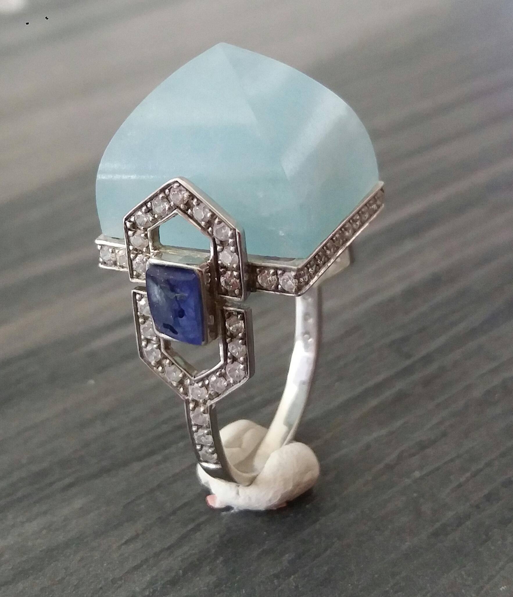 For Sale:  Art Deco Style 14k Gold Diamonds Blue Sapphires Aquamarine Pyramid Cocktail Ring 2