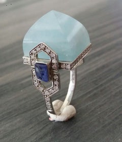 Art Deco Style 14k Gold Diamonds Blue Sapphires Aquamarine Pyramid Cocktail Ring