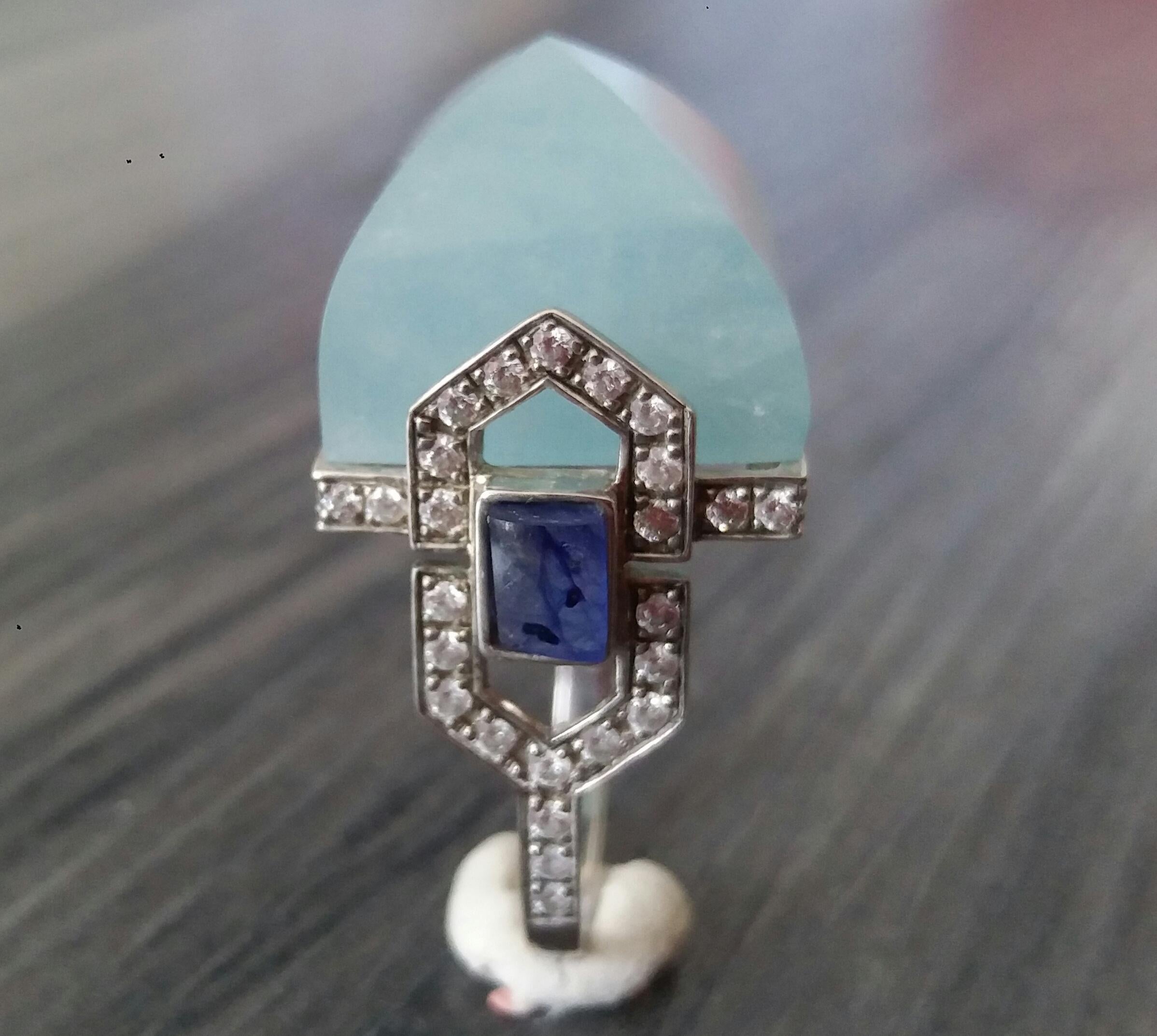 For Sale:  Art Deco Style 14k Gold Diamonds Blue Sapphires Aquamarine Pyramid Cocktail Ring 3