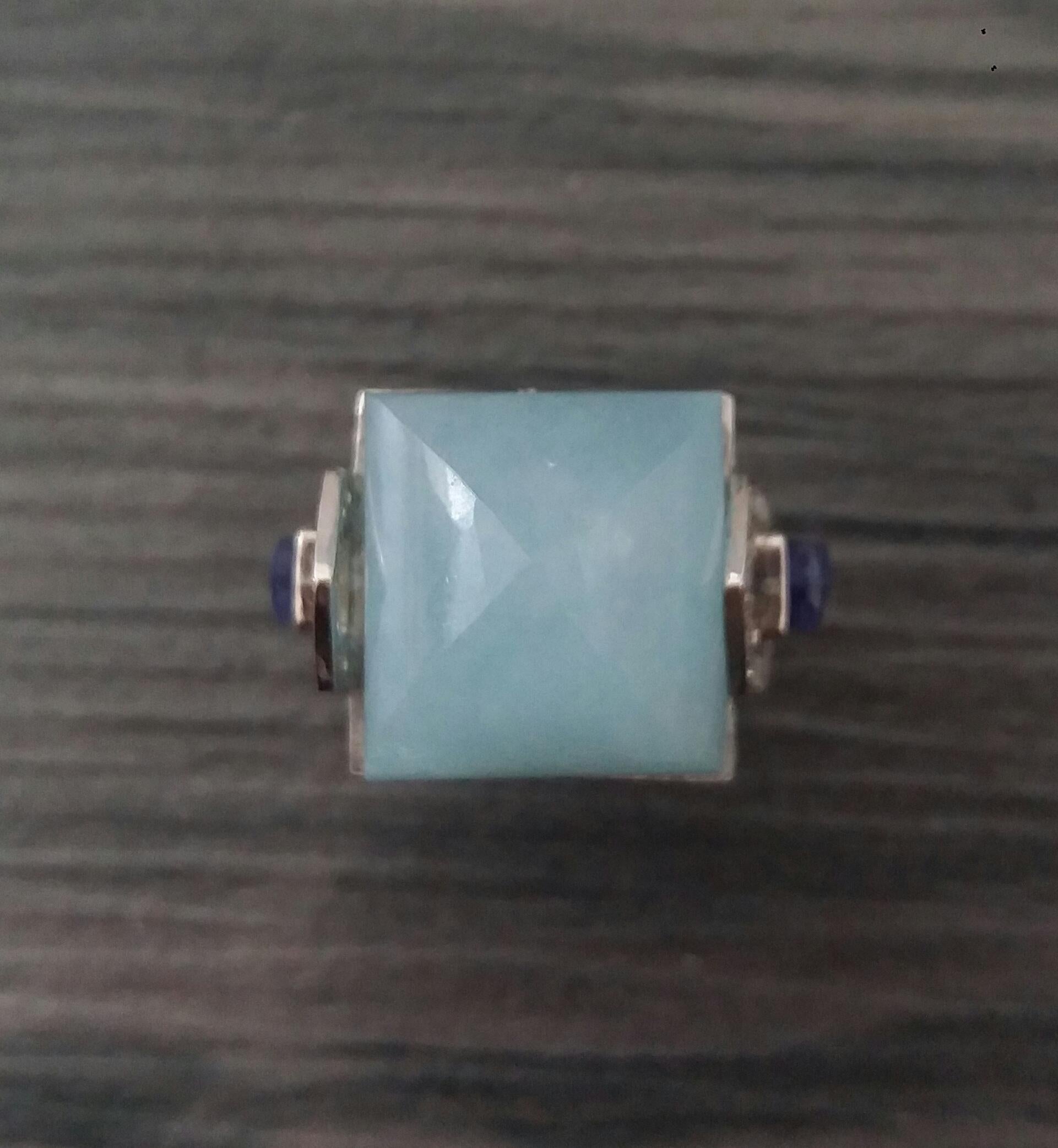 For Sale:  Art Deco Style 14k Gold Diamonds Blue Sapphires Aquamarine Pyramid Cocktail Ring 5
