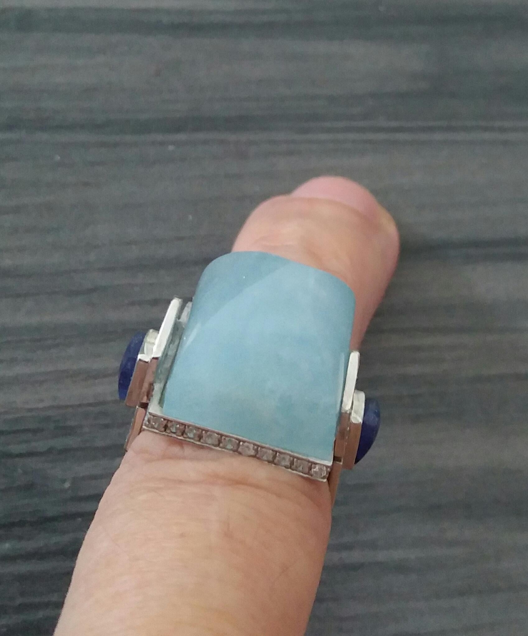 For Sale:  Art Deco Style 14k Gold Diamonds Blue Sapphires Aquamarine Pyramid Cocktail Ring 6