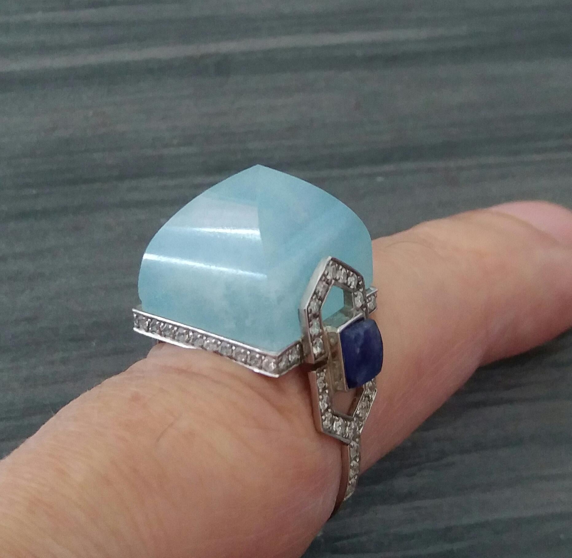 For Sale:  Art Deco Style 14k Gold Diamonds Blue Sapphires Aquamarine Pyramid Cocktail Ring 7