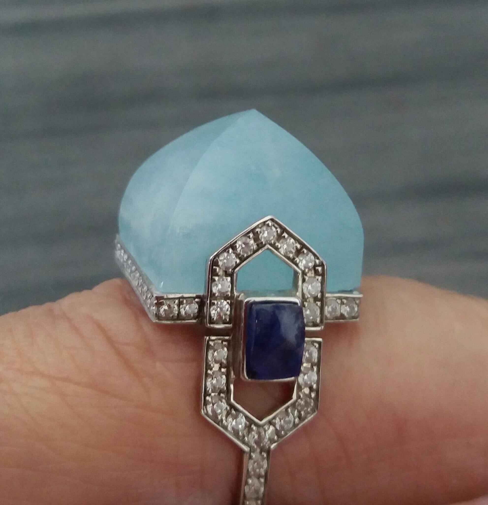 For Sale:  Art Deco Style 14k Gold Diamonds Blue Sapphires Aquamarine Pyramid Cocktail Ring 8