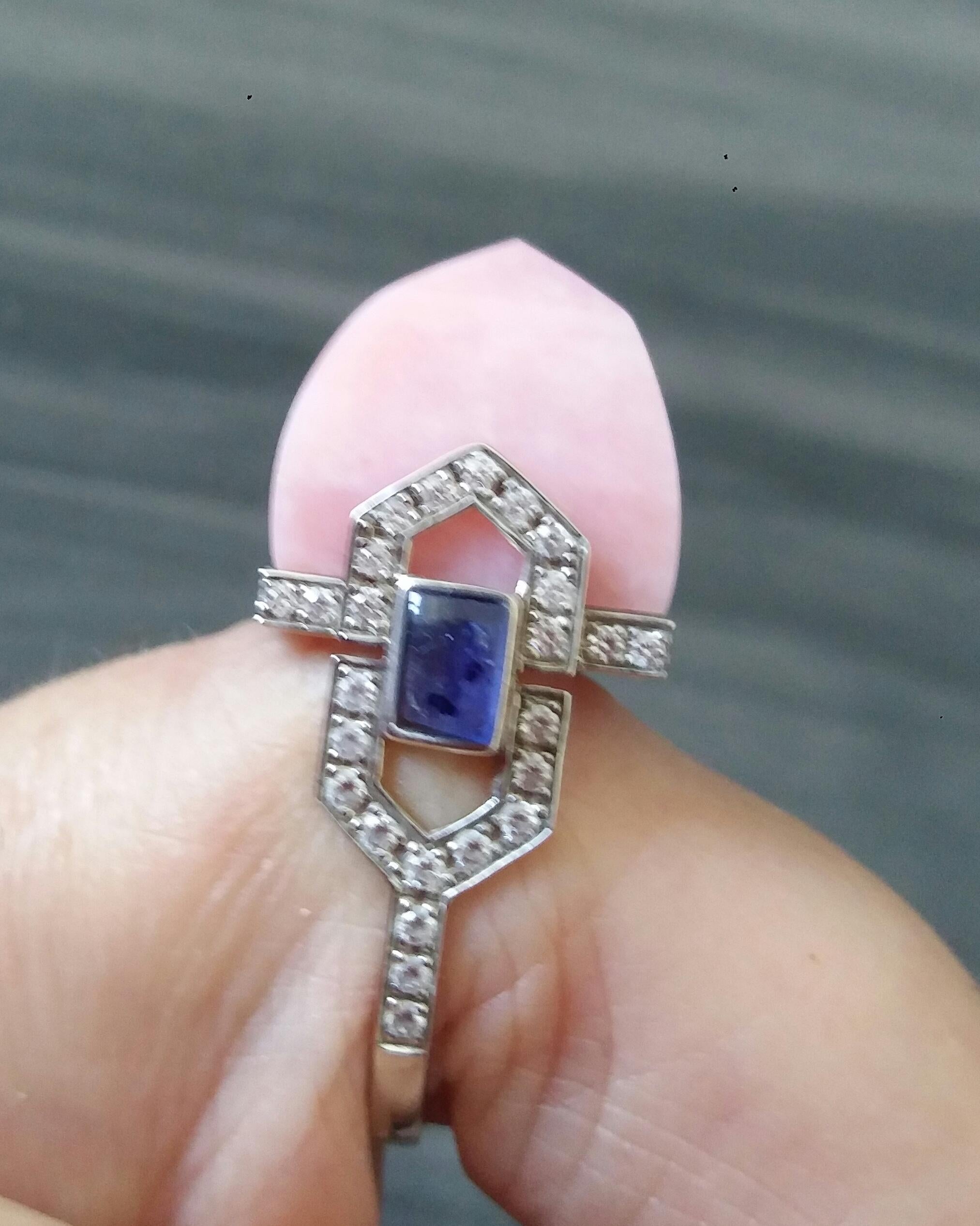 For Sale:  Art Deco Style 14k Gold Diamonds Blue Sapphires Pink Opal Pyramid Cocktail Ring 10