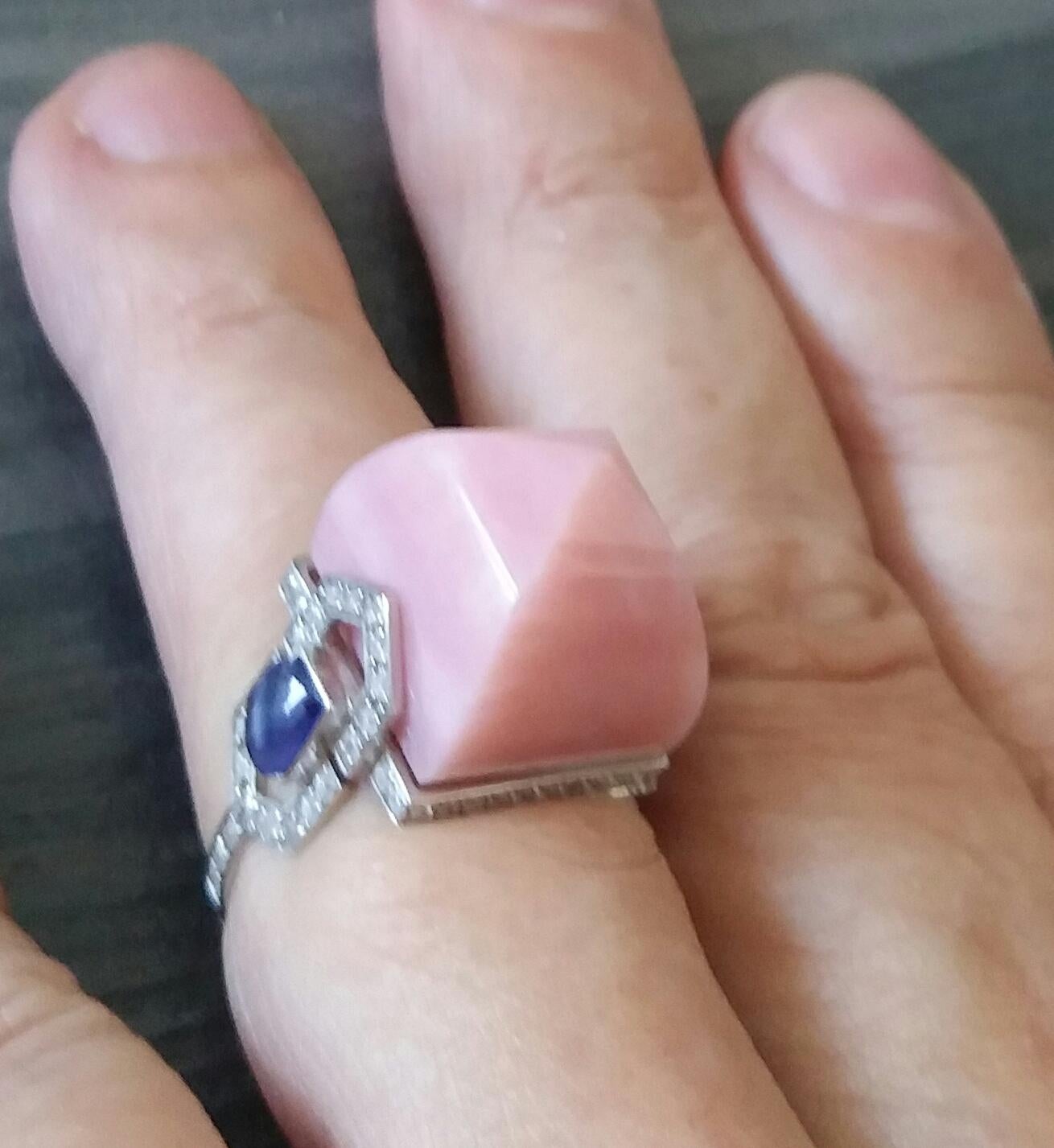 For Sale:  Art Deco Style 14k Gold Diamonds Blue Sapphires Pink Opal Pyramid Cocktail Ring 11